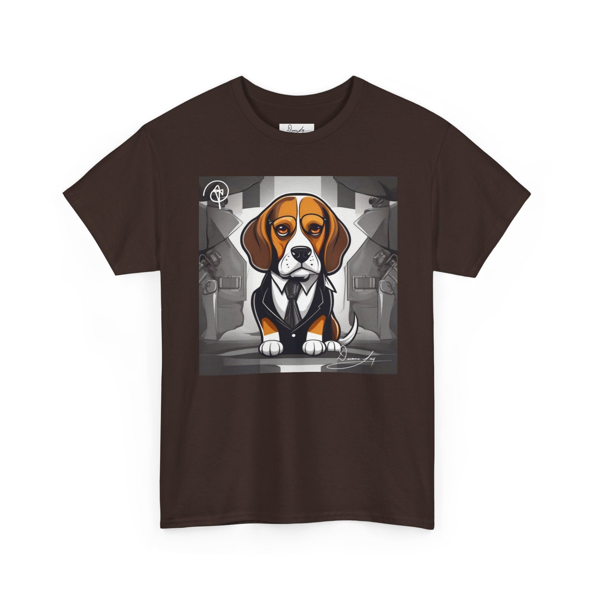DuaneJay Beagle in a Suit T-Shirt — funny formal dog graphic tee featuring an adorable beagle dressed in a dapper suit, perfect for dog lovers who love bold streetwear style