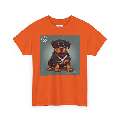 DuaneJay Rottweiler Puppy Portrait T-Shirt — charming graphic tee featuring an adorable Rottweiler puppy rendered in stunning artistic detail, a perfect blend of cuteness and signature streetwear style for devoted dog lovers