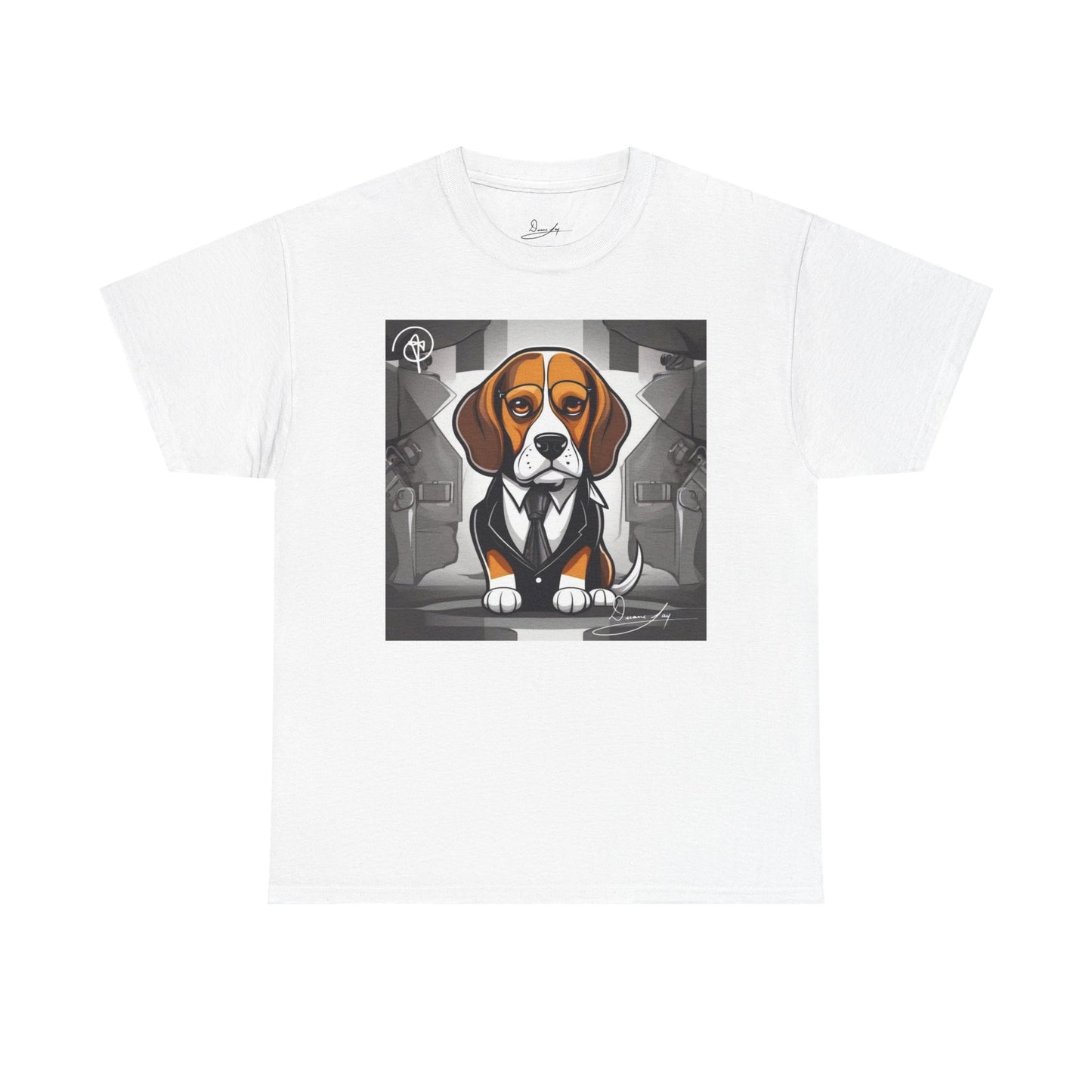 DuaneJay Beagle in a Suit T-Shirt — funny formal dog graphic tee featuring an adorable beagle dressed in a dapper suit, perfect for dog lovers who love bold streetwear style