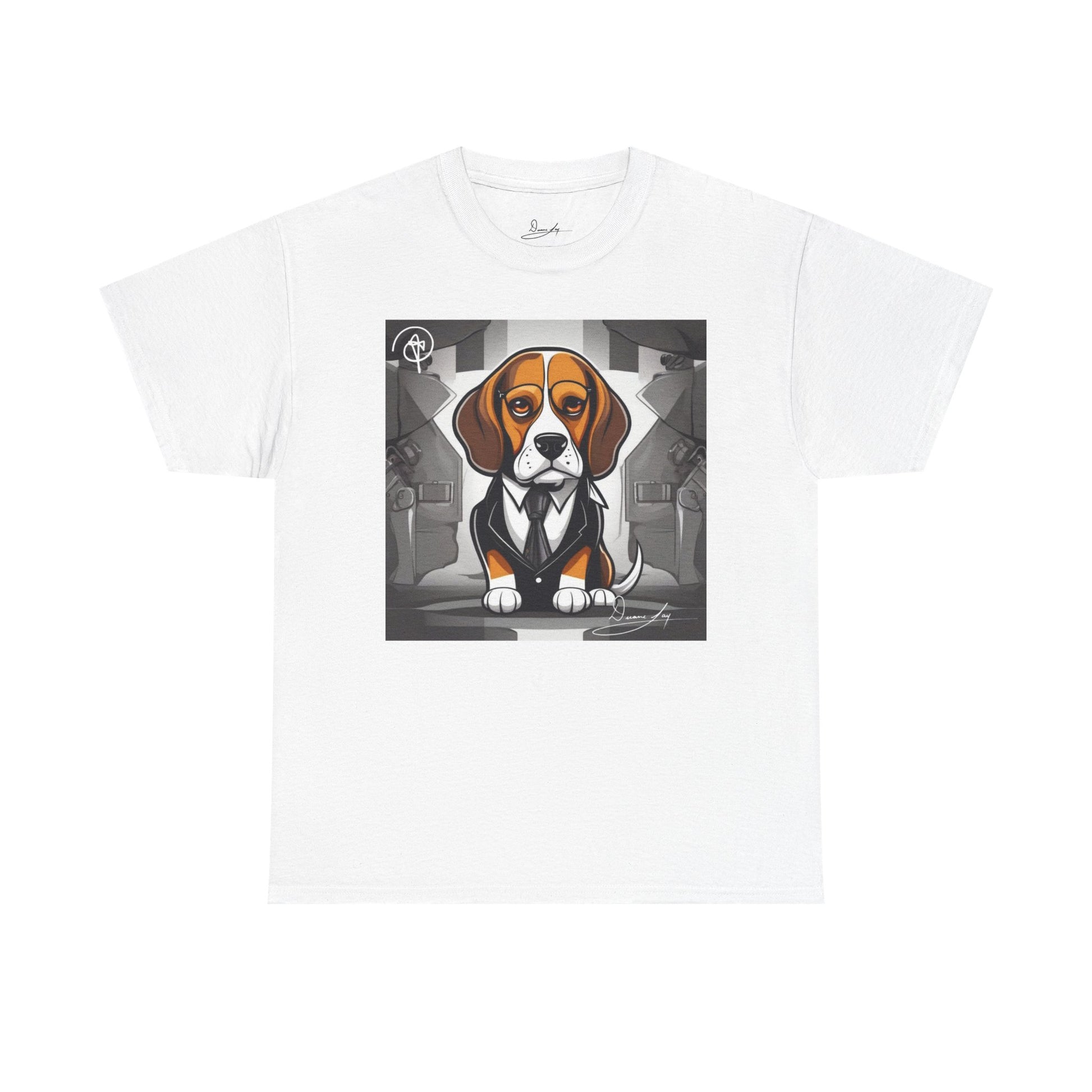 DuaneJay Beagle in a Suit T-Shirt — funny formal dog graphic tee featuring an adorable beagle dressed in a dapper suit, perfect for dog lovers who love bold streetwear style