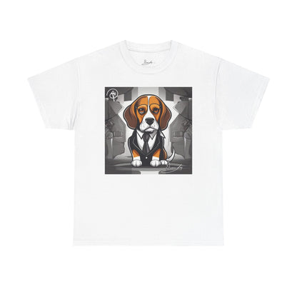 DuaneJay Beagle in a Suit T-Shirt — funny formal dog graphic tee featuring an adorable beagle dressed in a dapper suit, perfect for dog lovers who love bold streetwear style