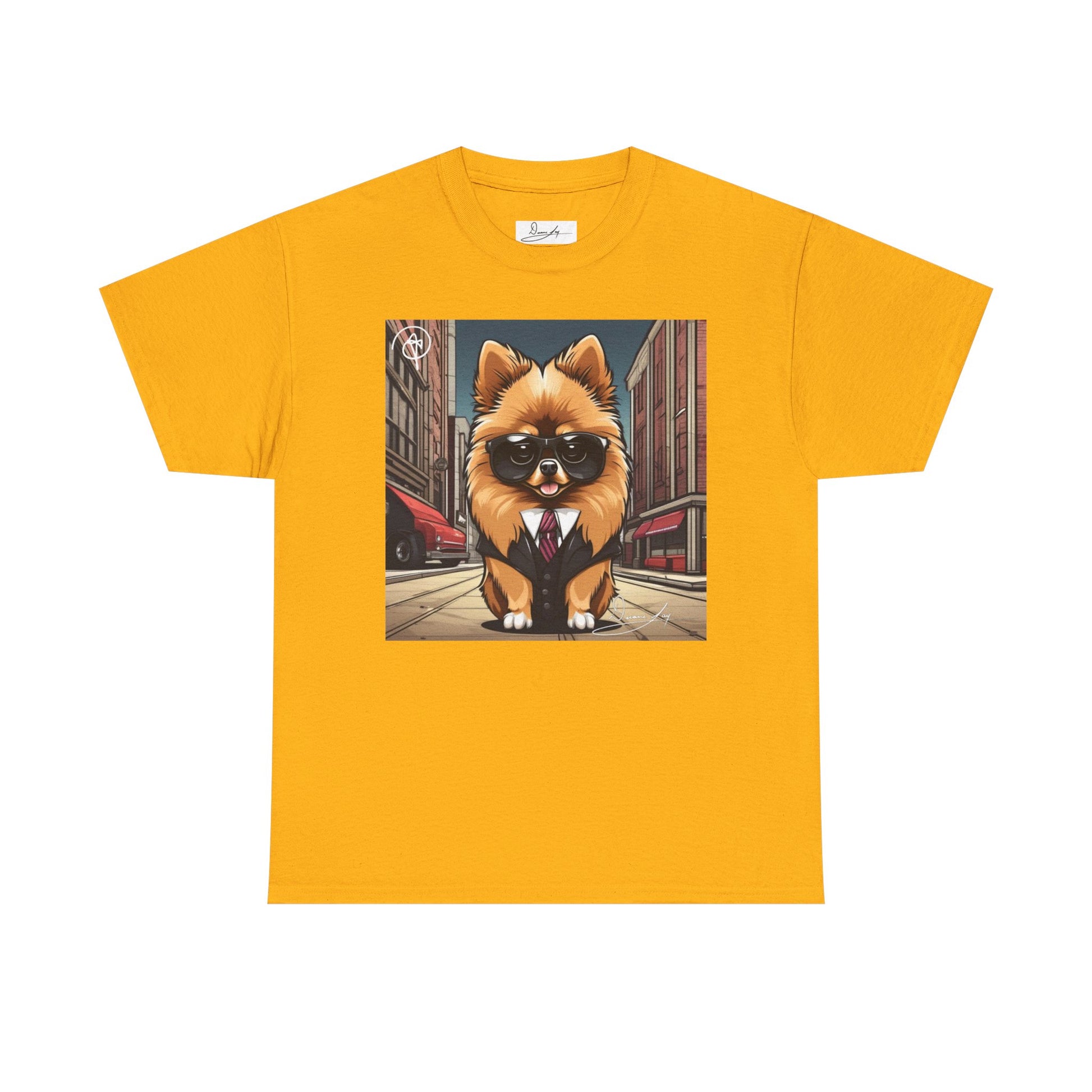 DuaneJay Pomeranian Business Dog T-Shirt — cute Pomeranian in suit graphic tee streetwear