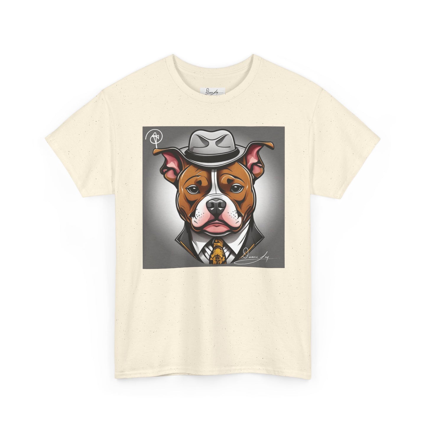 DuaneJay Gentleman Pitbull Tee — distinguished graphic tee featuring a dapper pitbull portrait blending elegance with bold streetwear energy for dog lovers with class and confidence
