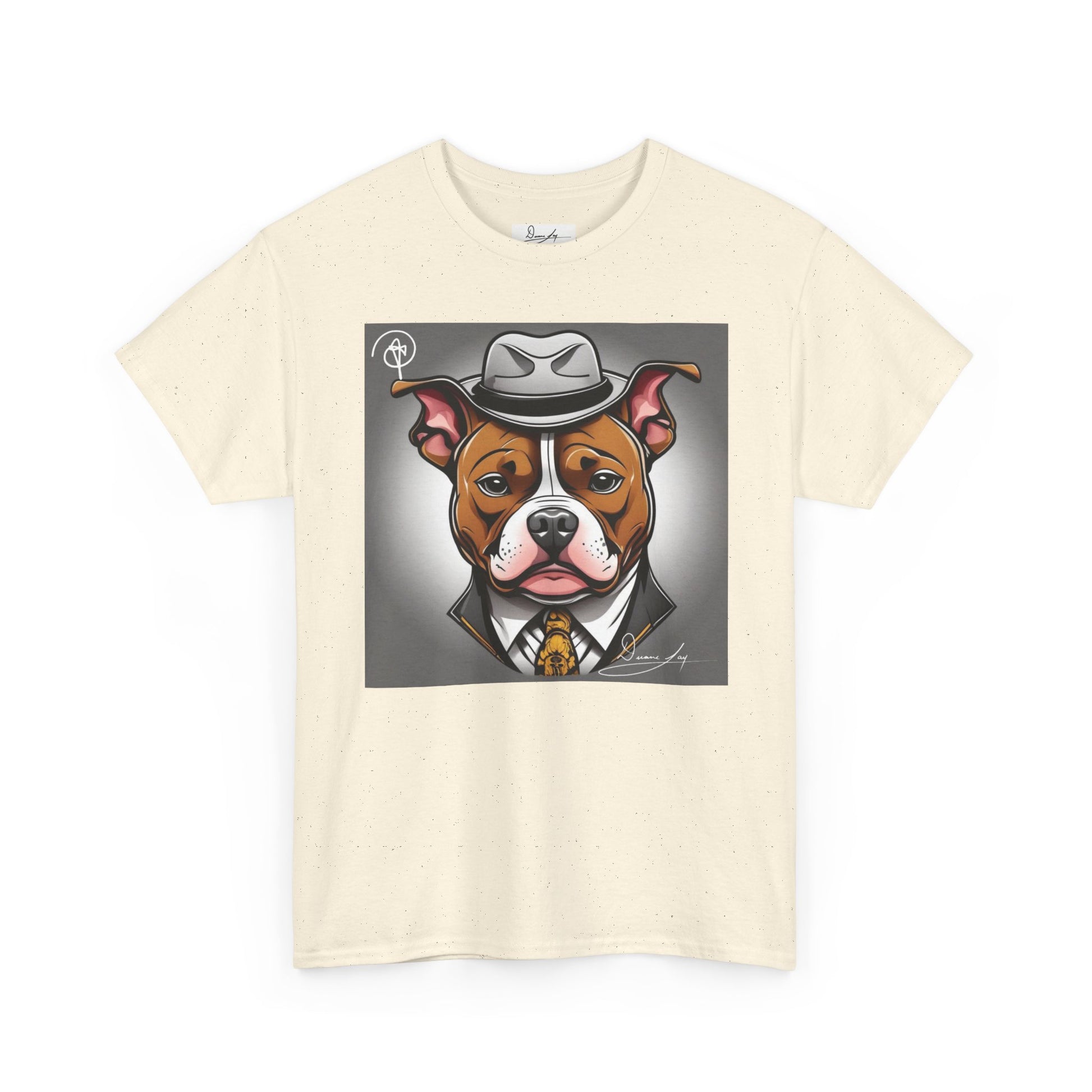 DuaneJay Gentleman Pitbull Tee — distinguished graphic tee featuring a dapper pitbull portrait blending elegance with bold streetwear energy for dog lovers with class and confidence