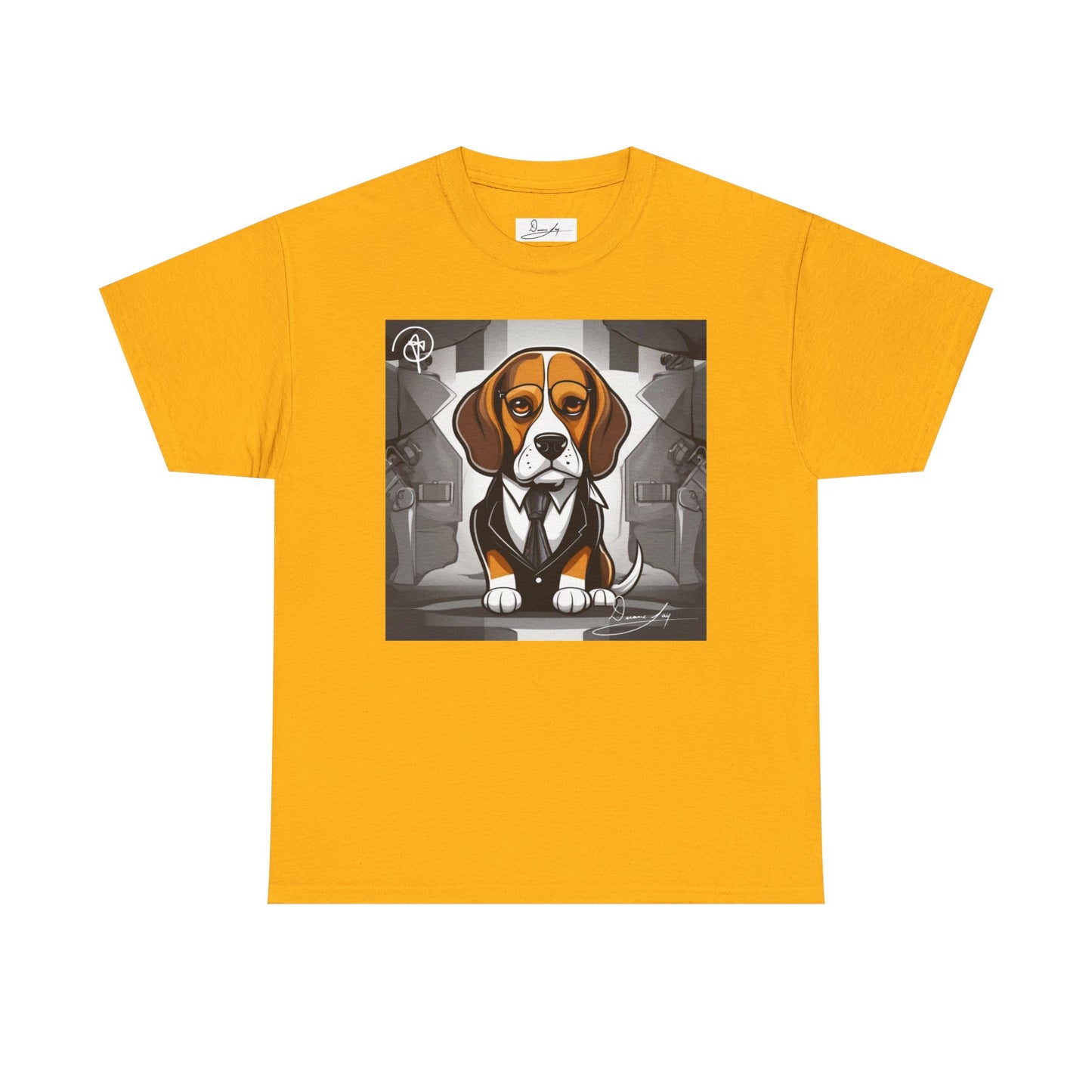 DuaneJay Beagle in a Suit T-Shirt — funny formal dog graphic tee featuring an adorable beagle dressed in a dapper suit, perfect for dog lovers who love bold streetwear style