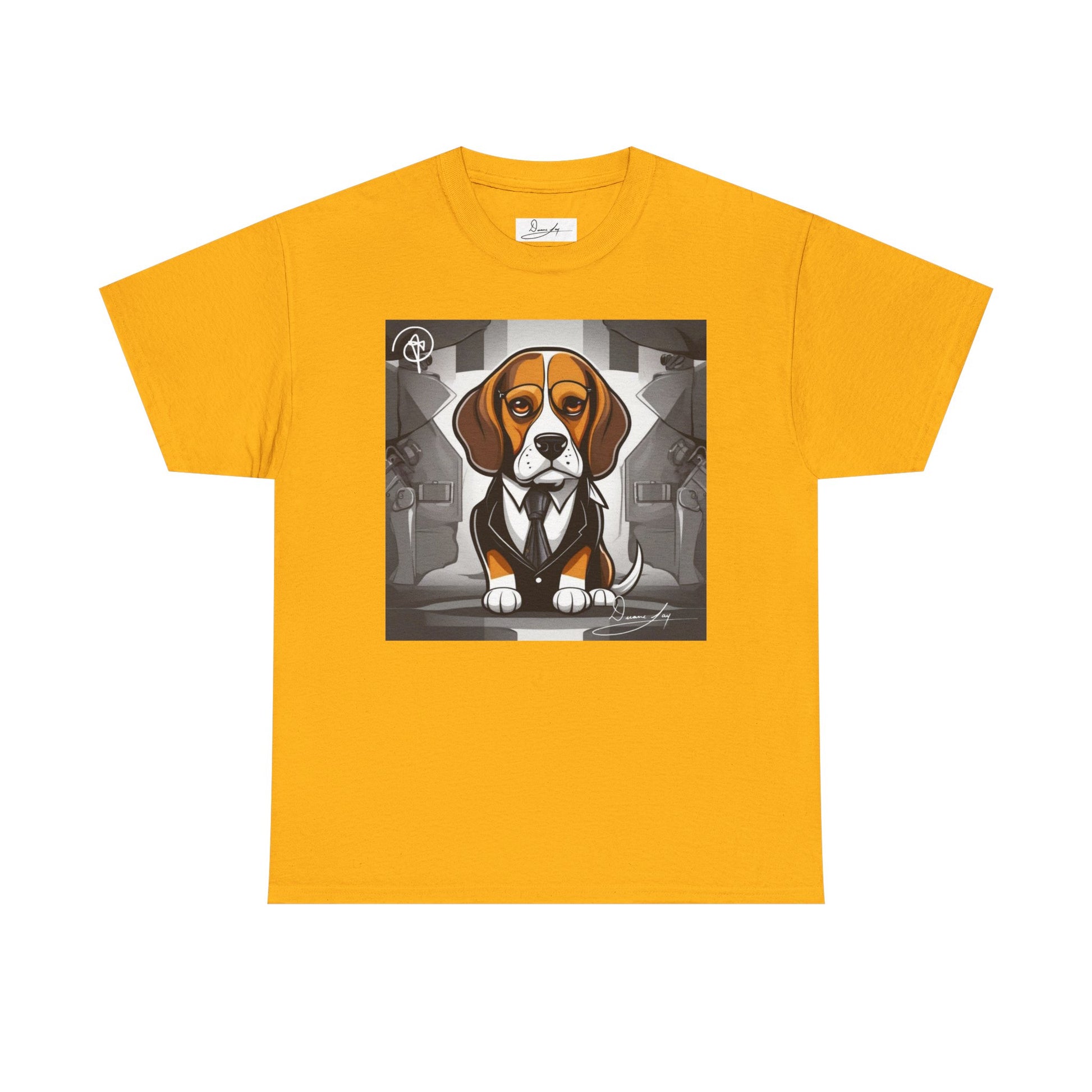 DuaneJay Beagle in a Suit T-Shirt — funny formal dog graphic tee featuring an adorable beagle dressed in a dapper suit, perfect for dog lovers who love bold streetwear style