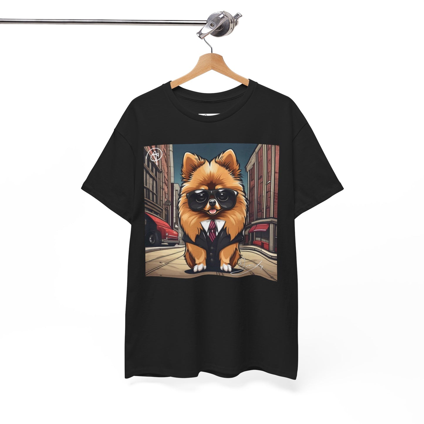 DuaneJay Pomeranian Business Dog T-Shirt — cute Pomeranian in suit graphic tee streetwear