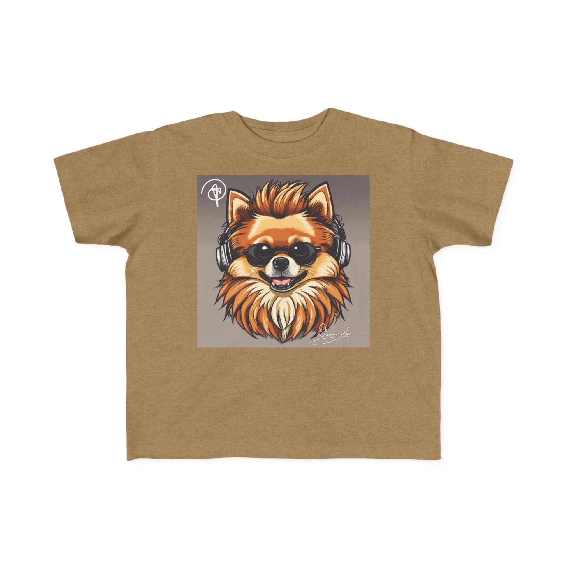 DuaneJay Cool Pomeranian Kids T-Shirt — fun kids graphic tee featuring an adorable Pomeranian rocking sunglasses and headphones, a bold and playful streetwear-inspired look for kids who carry the DuaneJay Fashion style with confidence