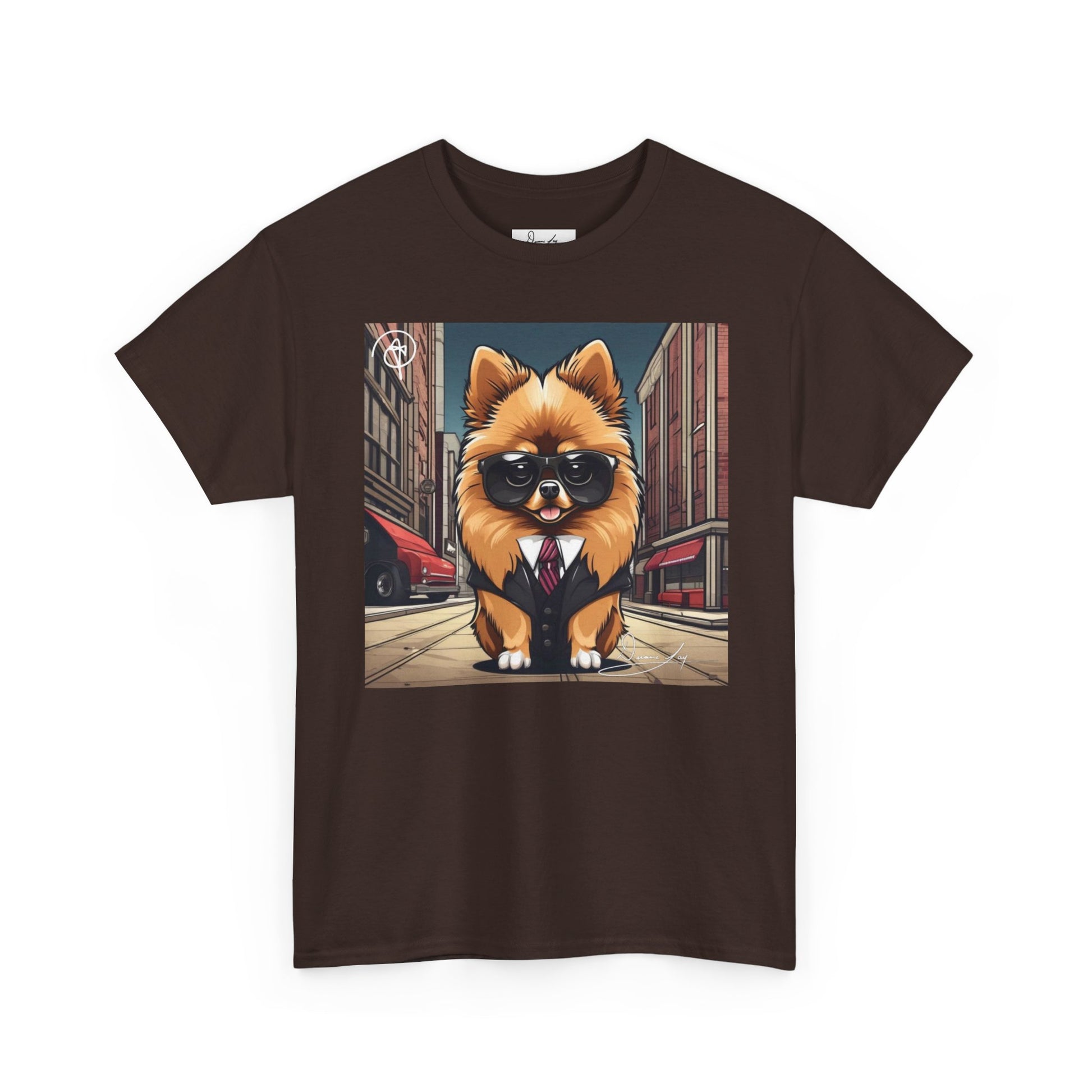 DuaneJay Pomeranian Business Dog T-Shirt — cute Pomeranian in suit graphic tee streetwear