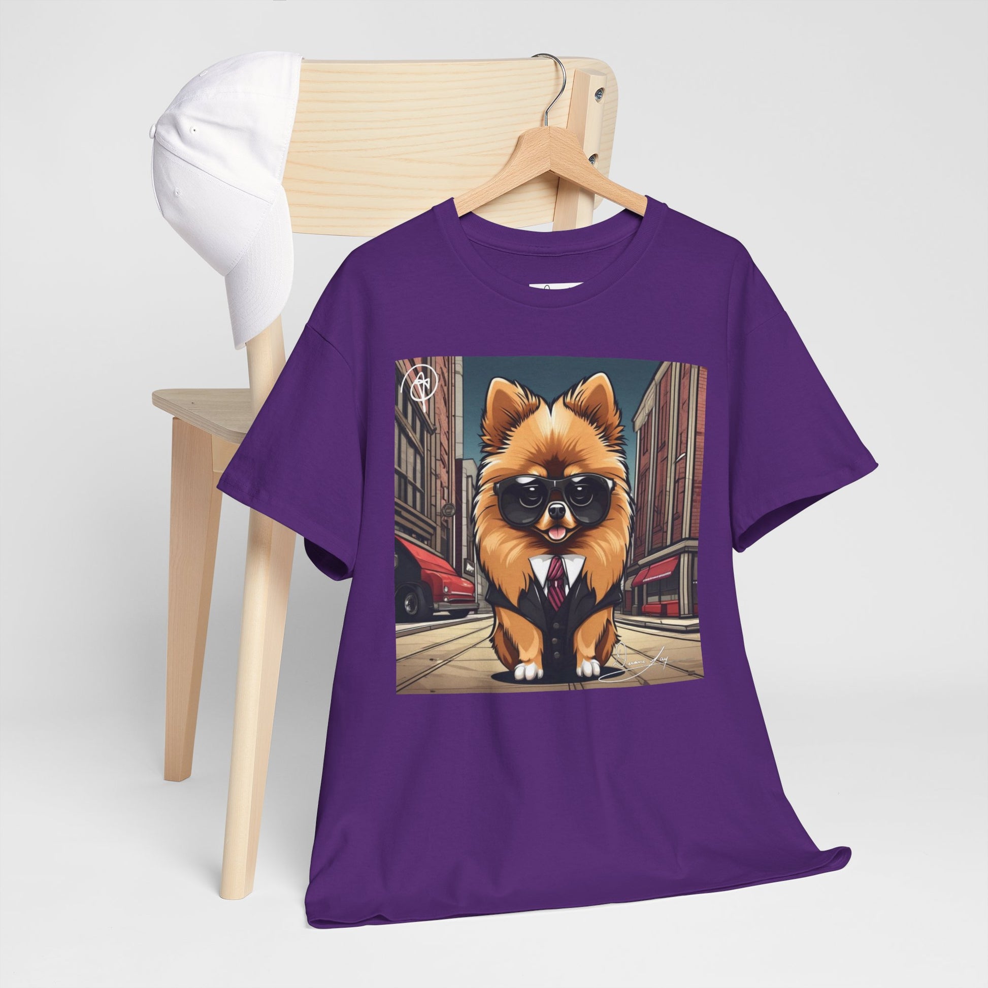DuaneJay Pomeranian Business Dog T-Shirt — cute Pomeranian in suit graphic tee streetwear