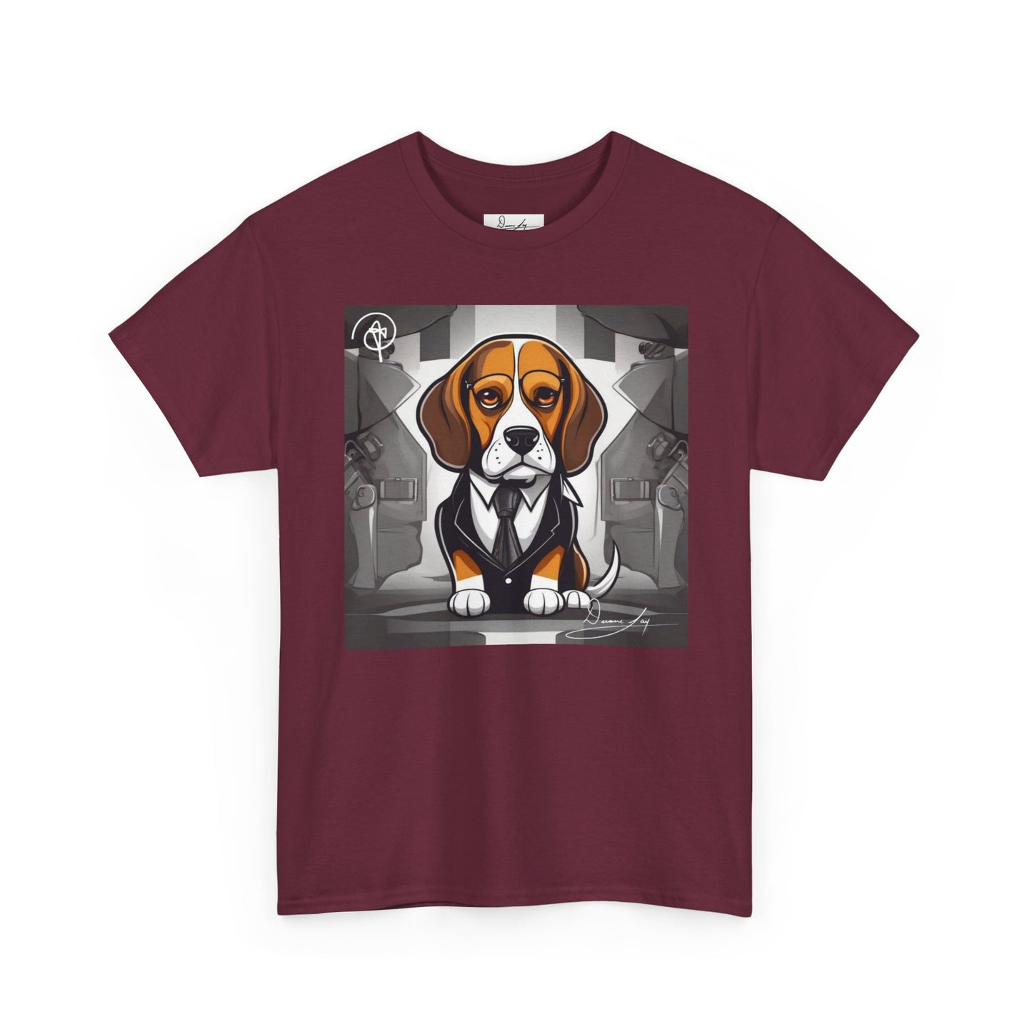 DuaneJay Beagle in a Suit T-Shirt — funny formal dog graphic tee featuring an adorable beagle dressed in a dapper suit, perfect for dog lovers who love bold streetwear style