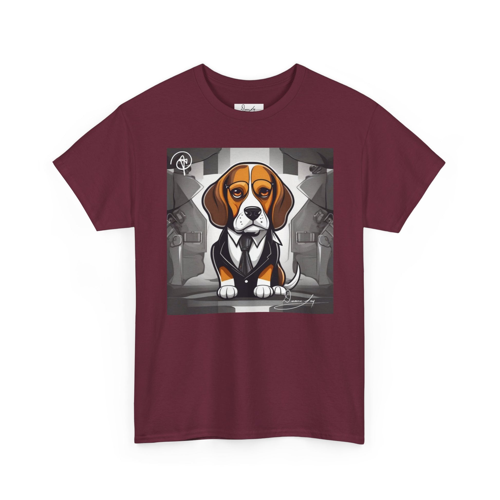 DuaneJay Beagle in a Suit T-Shirt — funny formal dog graphic tee featuring an adorable beagle dressed in a dapper suit, perfect for dog lovers who love bold streetwear style