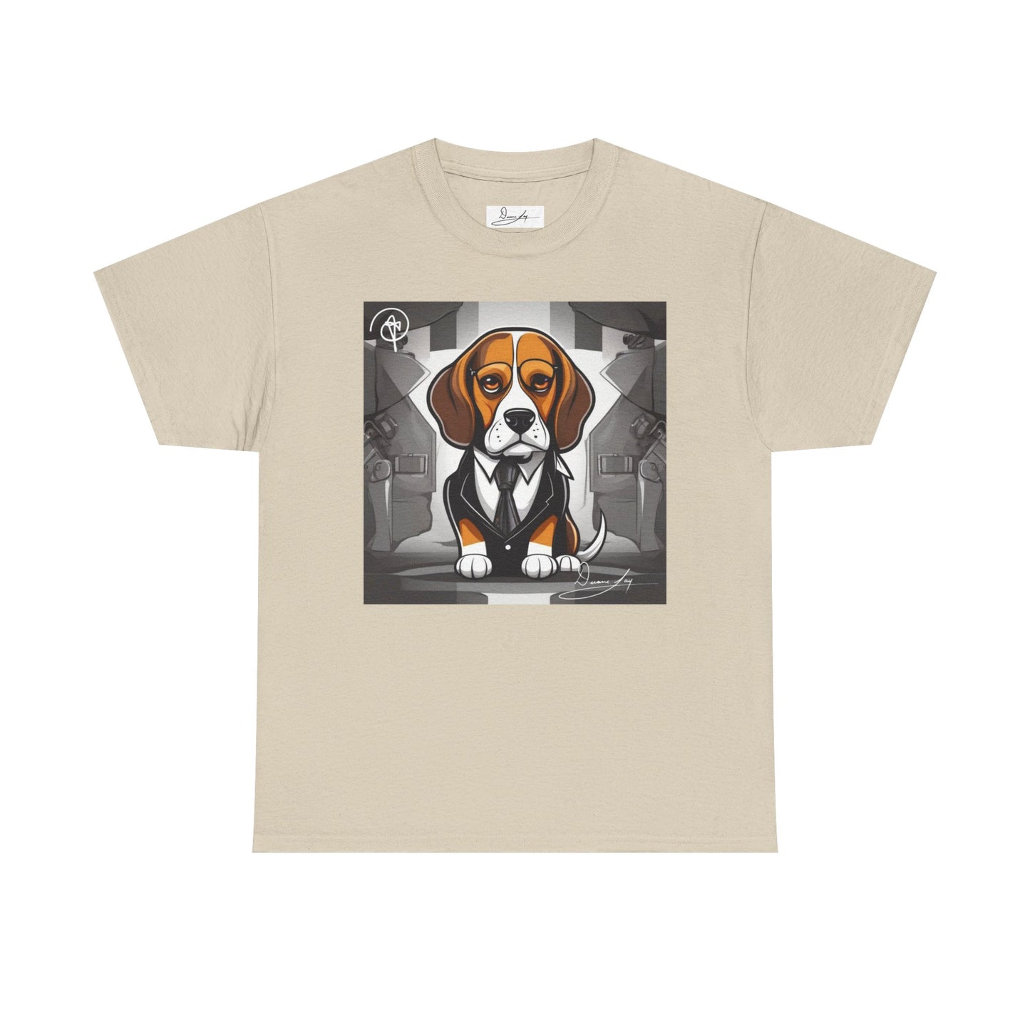 DuaneJay Beagle in a Suit T-Shirt — funny formal dog graphic tee featuring an adorable beagle dressed in a dapper suit, perfect for dog lovers who love bold streetwear style