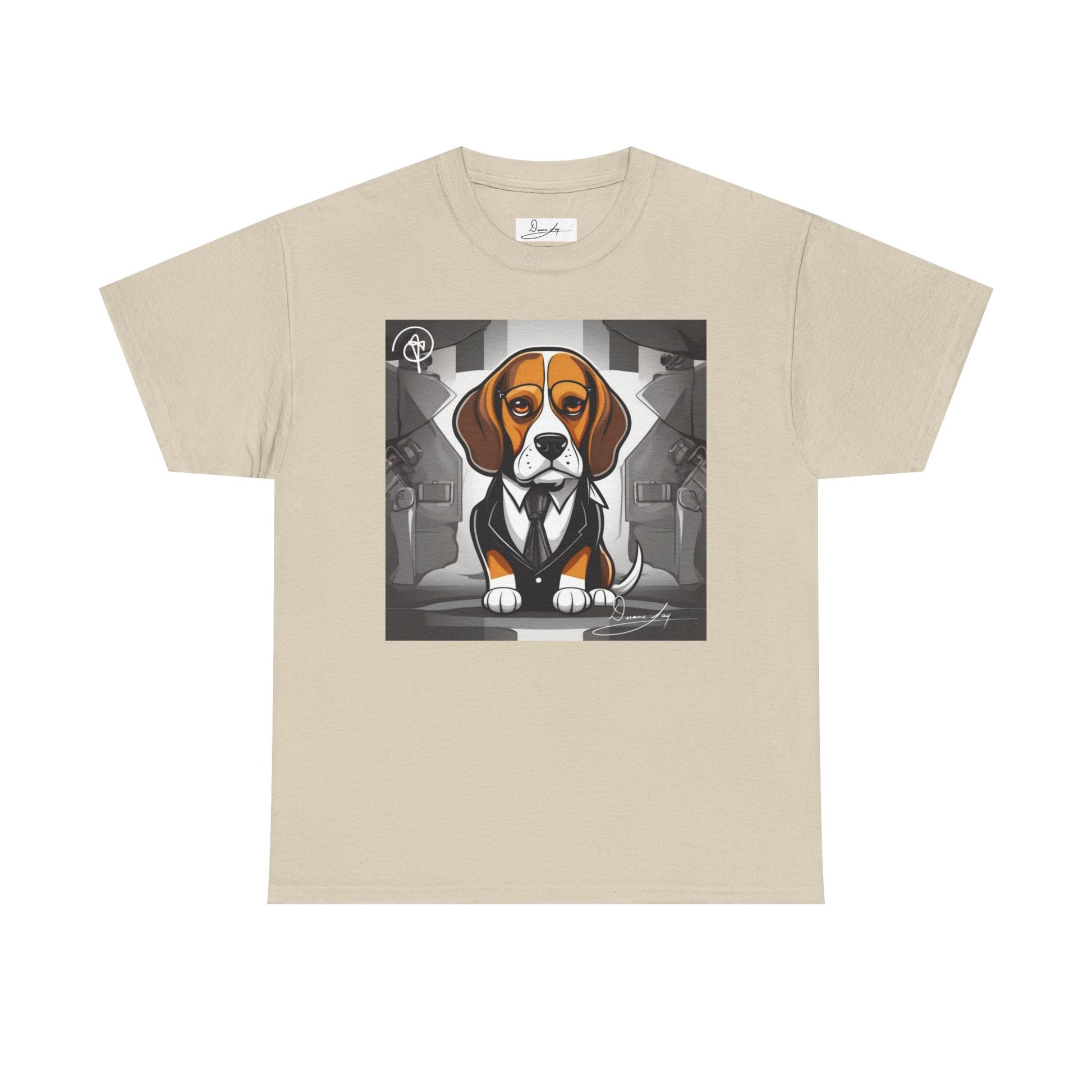 DuaneJay Beagle in a Suit T-Shirt — funny formal dog graphic tee featuring an adorable beagle dressed in a dapper suit, perfect for dog lovers who love bold streetwear style