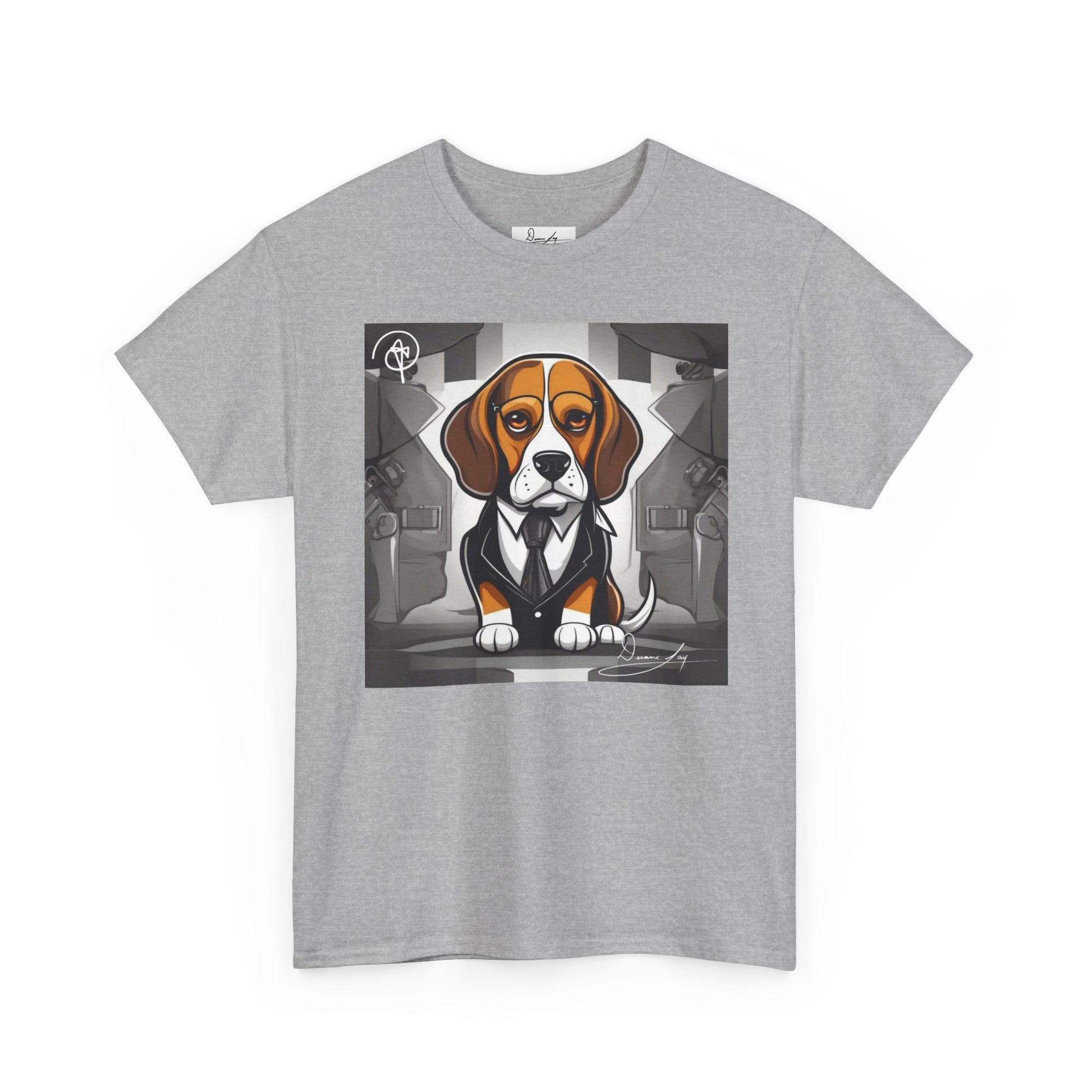 DuaneJay Beagle in a Suit T-Shirt — funny formal dog graphic tee featuring an adorable beagle dressed in a dapper suit, perfect for dog lovers who love bold streetwear style