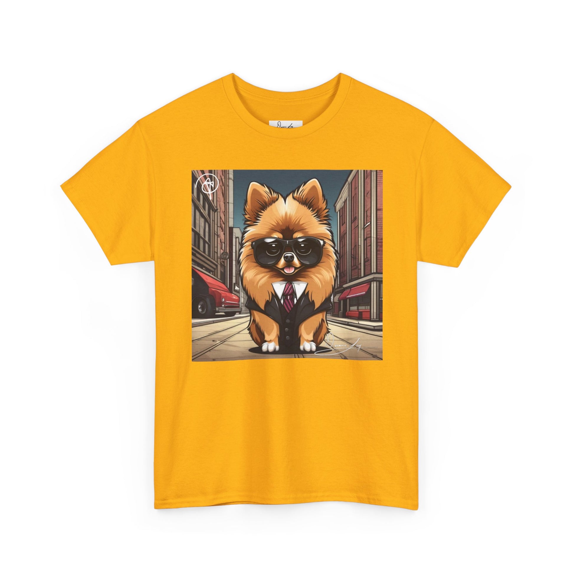 DuaneJay Pomeranian Business Dog T-Shirt — cute Pomeranian in suit graphic tee streetwear