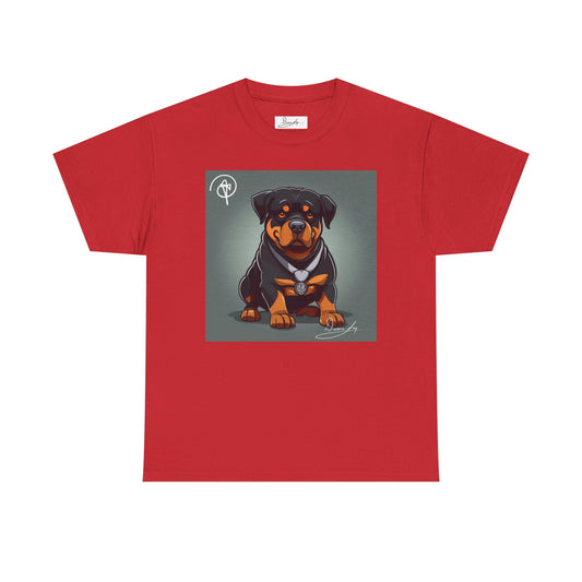 DuaneJay Rottweiler Puppy Portrait T-Shirt — charming graphic tee featuring an adorable Rottweiler puppy rendered in stunning artistic detail, a perfect blend of cuteness and signature streetwear style for devoted dog lovers