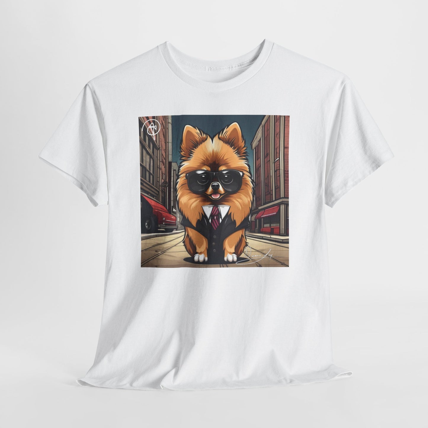 DuaneJay Pomeranian Business Dog T-Shirt — cute Pomeranian in suit graphic tee streetwear
