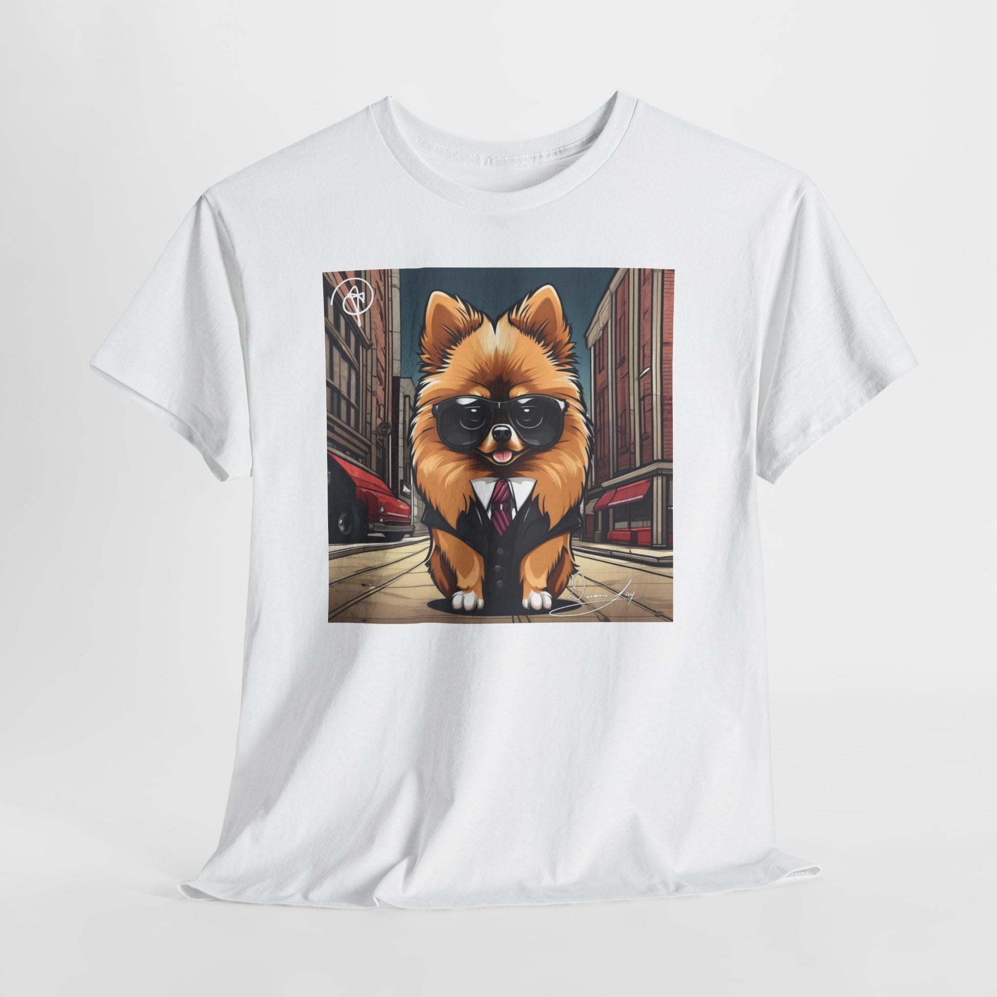 DuaneJay Pomeranian Business Dog T-Shirt — cute Pomeranian in suit graphic tee streetwear