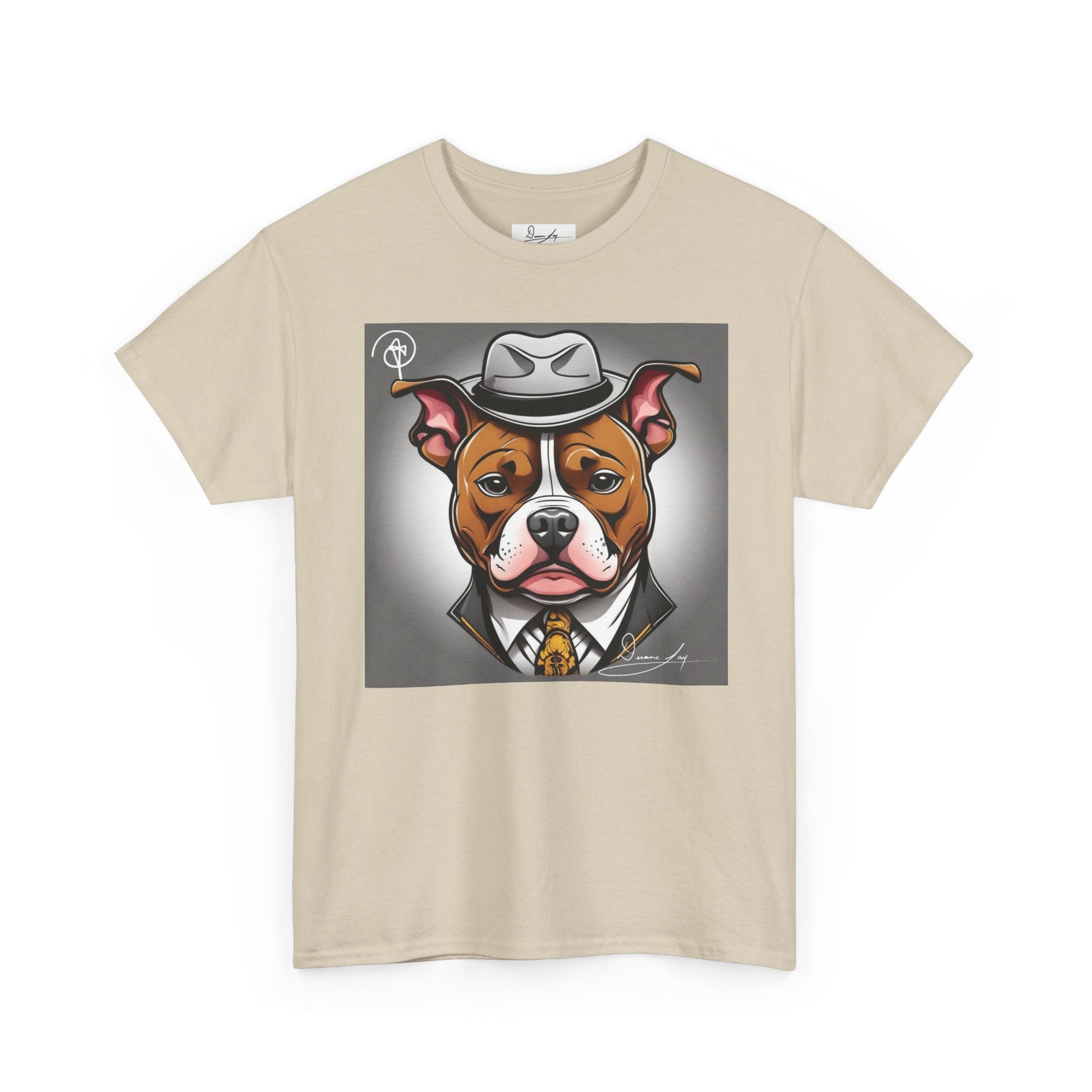 DuaneJay Gentleman Pitbull Tee — distinguished graphic tee featuring a dapper pitbull portrait blending elegance with bold streetwear energy for dog lovers with class and confidence