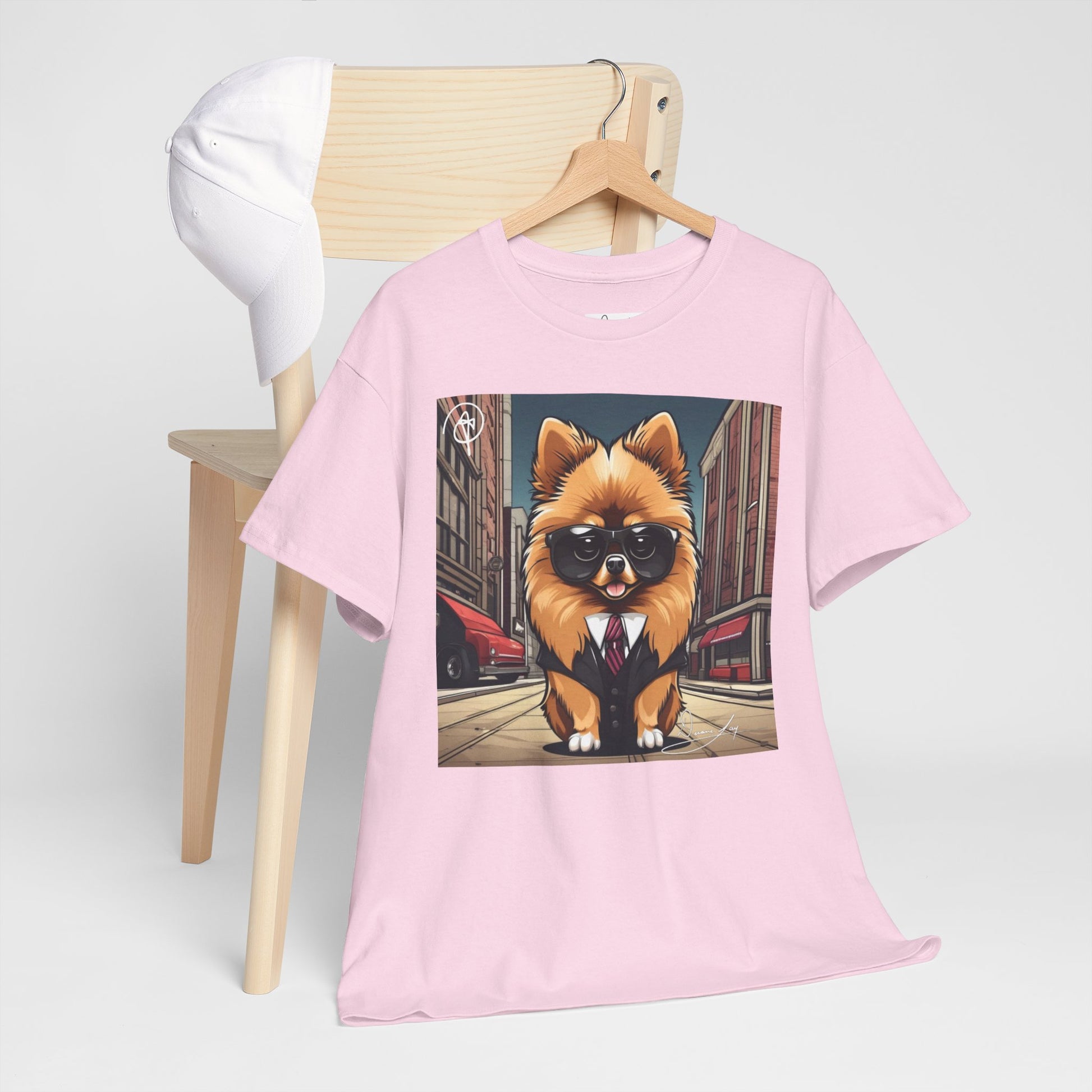 DuaneJay Pomeranian Business Dog T-Shirt — cute Pomeranian in suit graphic tee streetwear