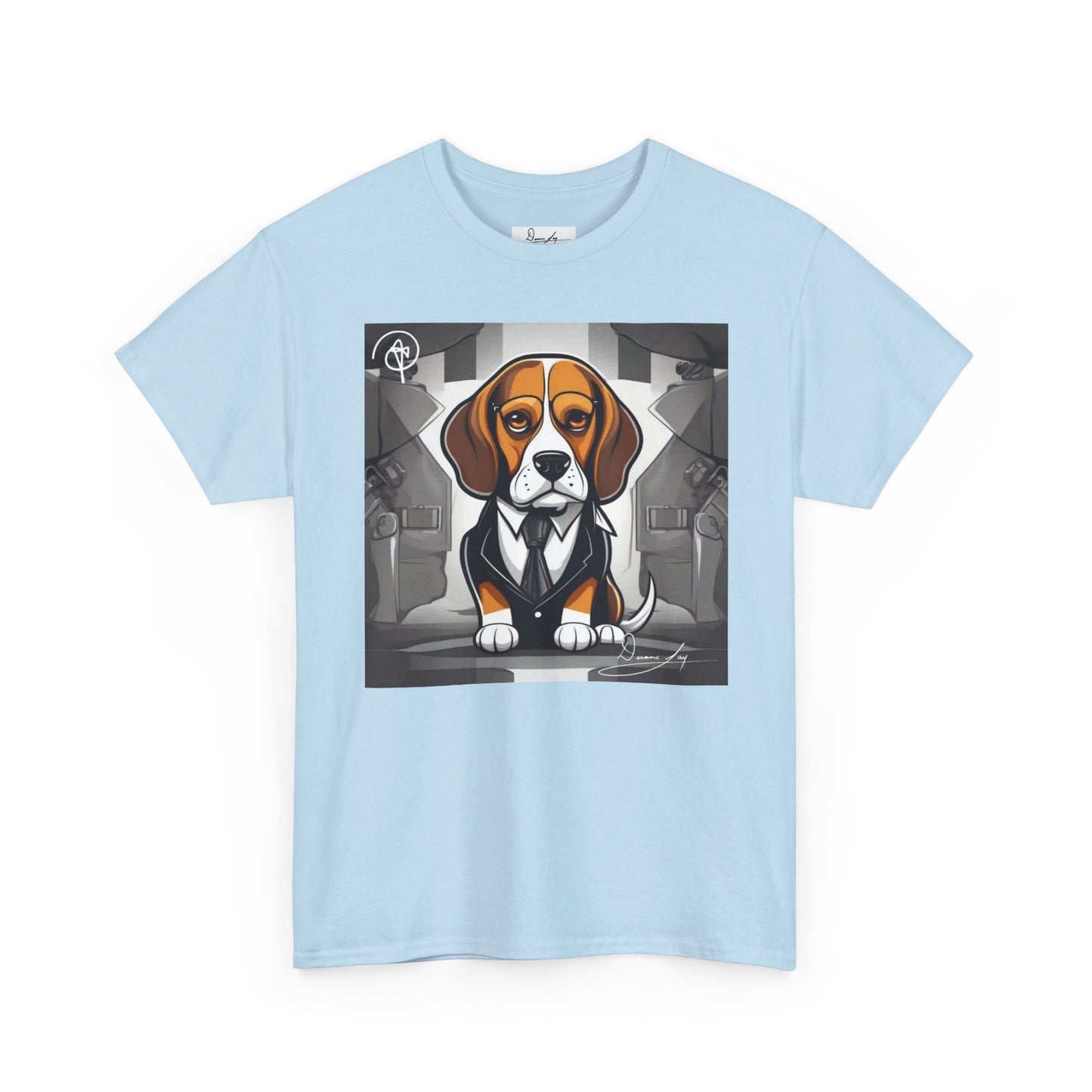 DuaneJay Beagle in a Suit T-Shirt — funny formal dog graphic tee featuring an adorable beagle dressed in a dapper suit, perfect for dog lovers who love bold streetwear style