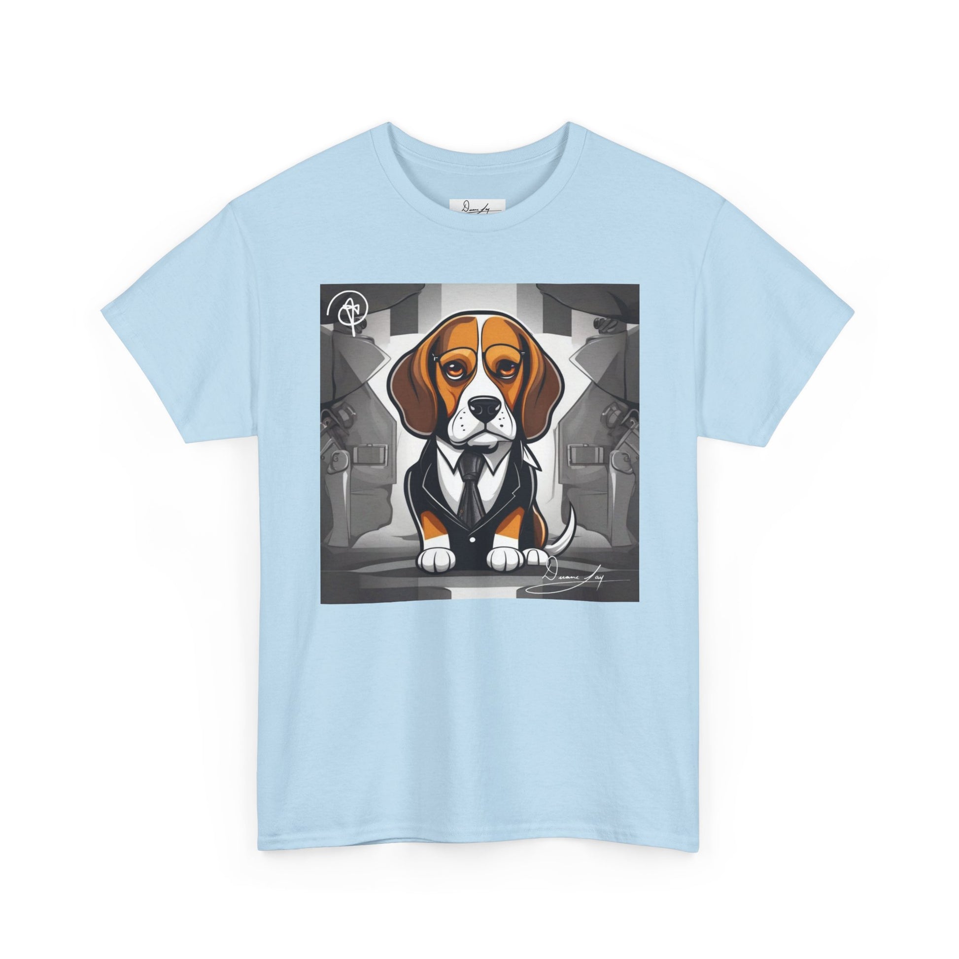 DuaneJay Beagle in a Suit T-Shirt — funny formal dog graphic tee featuring an adorable beagle dressed in a dapper suit, perfect for dog lovers who love bold streetwear style
