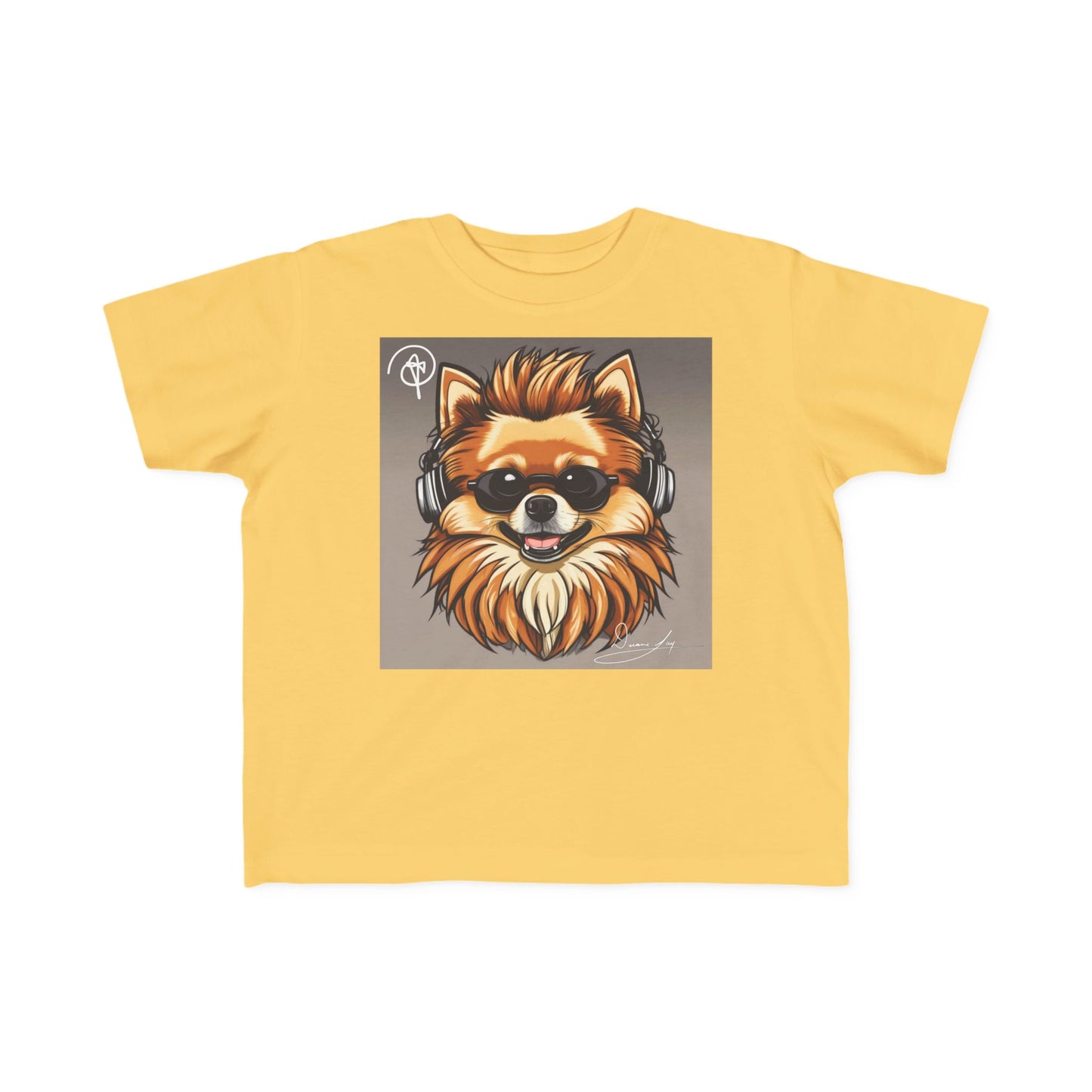DuaneJay Cool Pomeranian Kids T-Shirt — fun kids graphic tee featuring an adorable Pomeranian rocking sunglasses and headphones, a bold and playful streetwear-inspired look for kids who carry the DuaneJay Fashion style with confidence