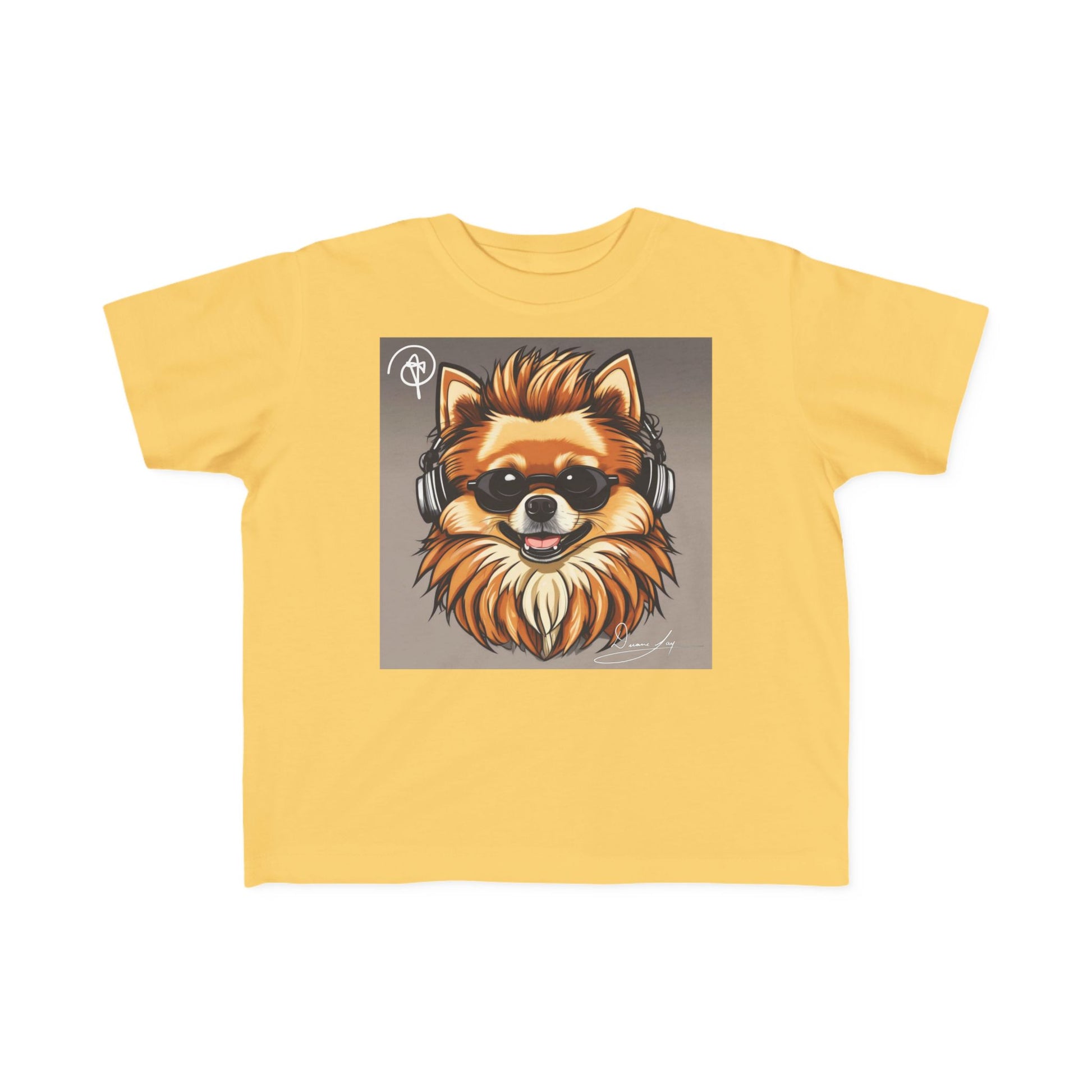 DuaneJay Cool Pomeranian Kids T-Shirt — fun kids graphic tee featuring an adorable Pomeranian rocking sunglasses and headphones, a bold and playful streetwear-inspired look for kids who carry the DuaneJay Fashion style with confidence