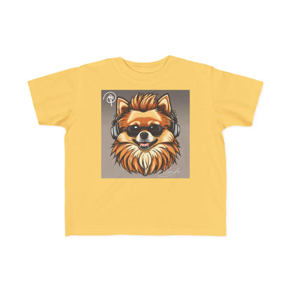 DuaneJay Cool Pomeranian Kids T-Shirt — fun kids graphic tee featuring an adorable Pomeranian rocking sunglasses and headphones, a bold and playful streetwear-inspired look for kids who carry the DuaneJay Fashion style with confidence