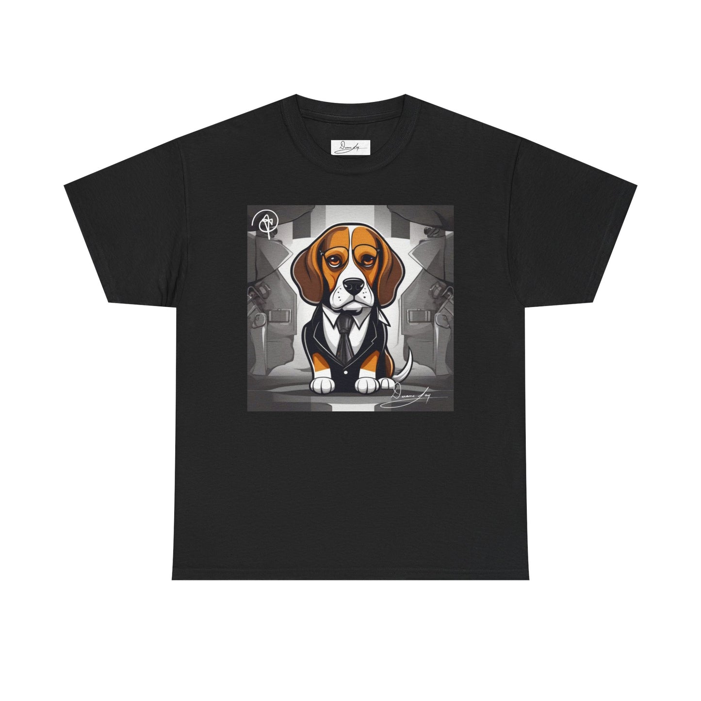 DuaneJay Beagle in a Suit T-Shirt — funny formal dog graphic tee featuring an adorable beagle dressed in a dapper suit, perfect for dog lovers who love bold streetwear style