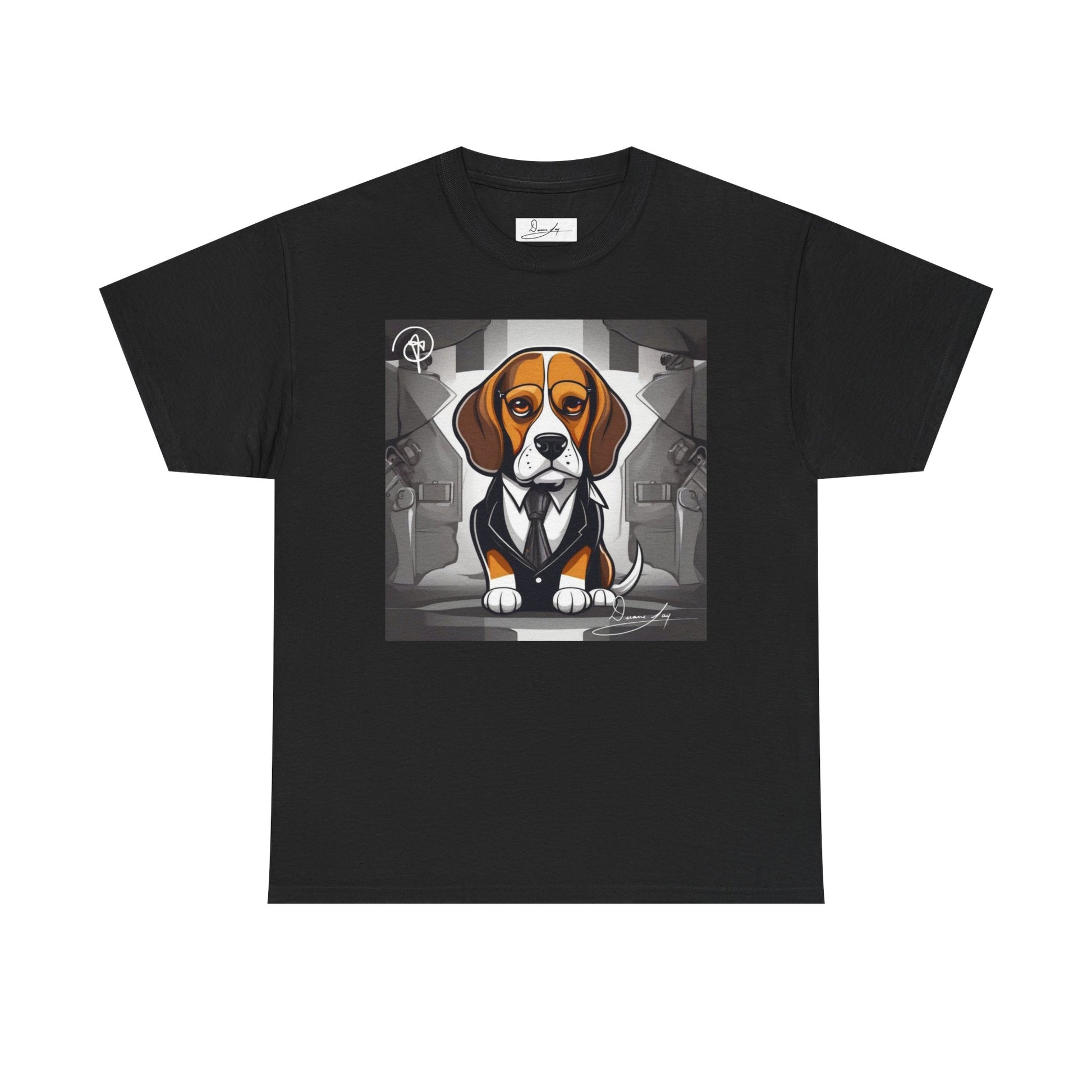 DuaneJay Beagle in a Suit T-Shirt — funny formal dog graphic tee featuring an adorable beagle dressed in a dapper suit, perfect for dog lovers who love bold streetwear style