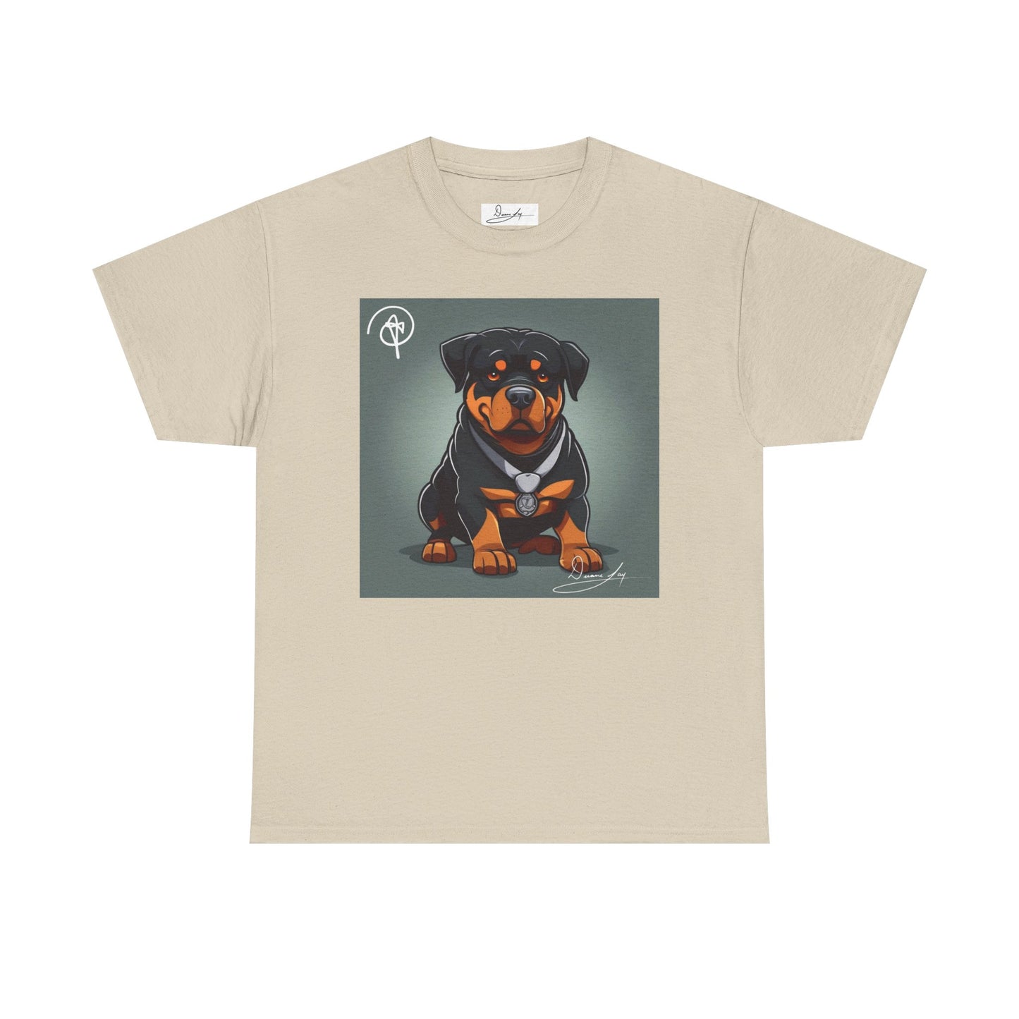 DuaneJay Rottweiler Puppy Portrait T-Shirt — charming graphic tee featuring an adorable Rottweiler puppy rendered in stunning artistic detail, a perfect blend of cuteness and signature streetwear style for devoted dog lovers