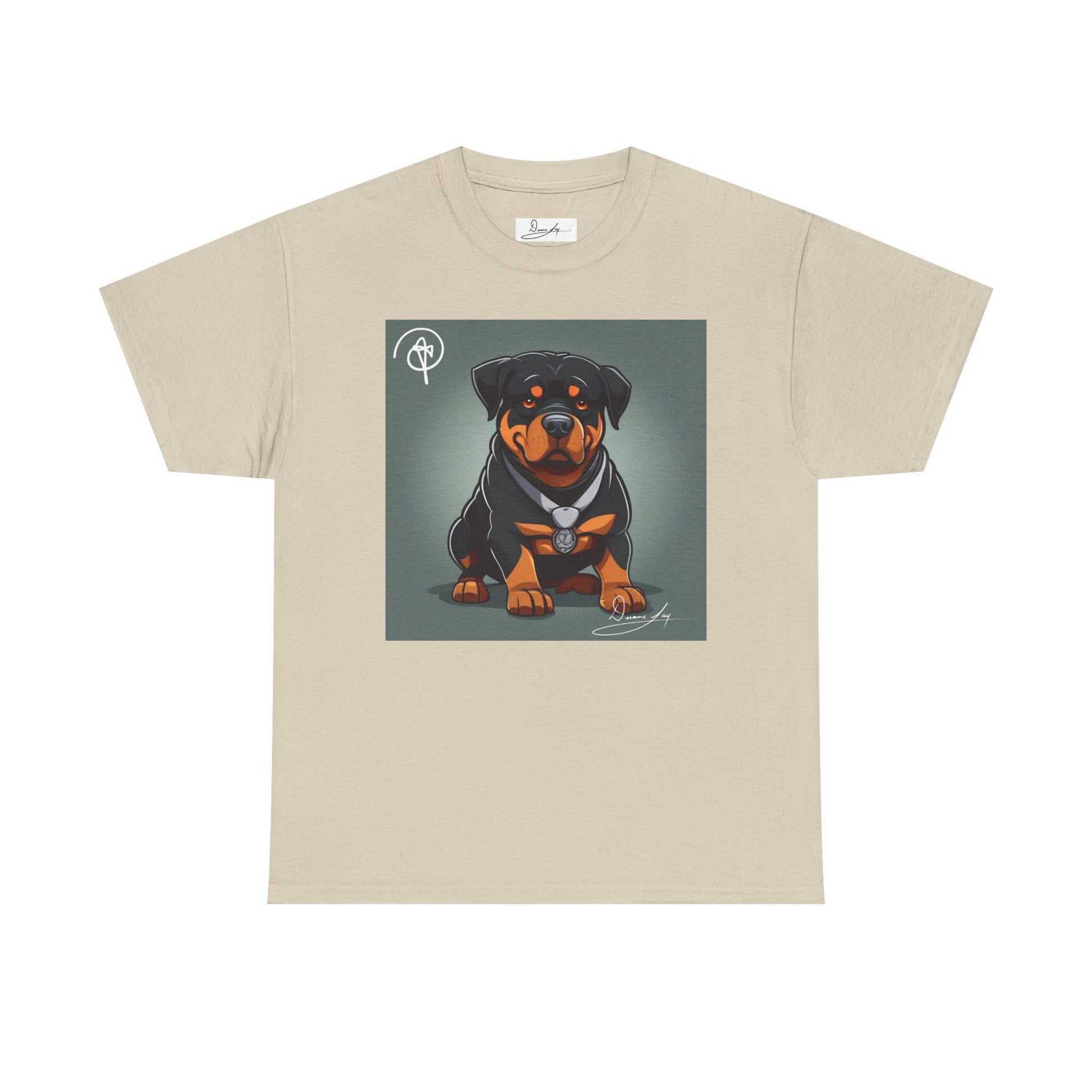 DuaneJay Rottweiler Puppy Portrait T-Shirt — charming graphic tee featuring an adorable Rottweiler puppy rendered in stunning artistic detail, a perfect blend of cuteness and signature streetwear style for devoted dog lovers