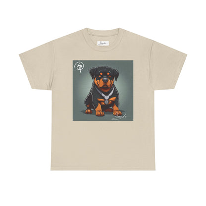 DuaneJay Rottweiler Puppy Portrait T-Shirt — charming graphic tee featuring an adorable Rottweiler puppy rendered in stunning artistic detail, a perfect blend of cuteness and signature streetwear style for devoted dog lovers