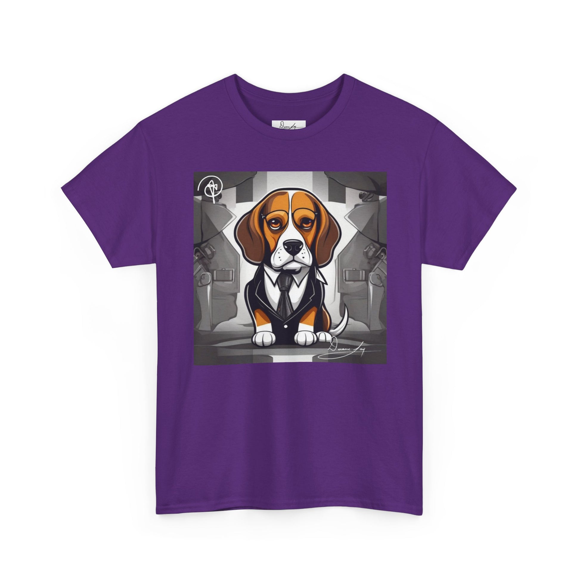 DuaneJay Beagle in a Suit T-Shirt — funny formal dog graphic tee featuring an adorable beagle dressed in a dapper suit, perfect for dog lovers who love bold streetwear style