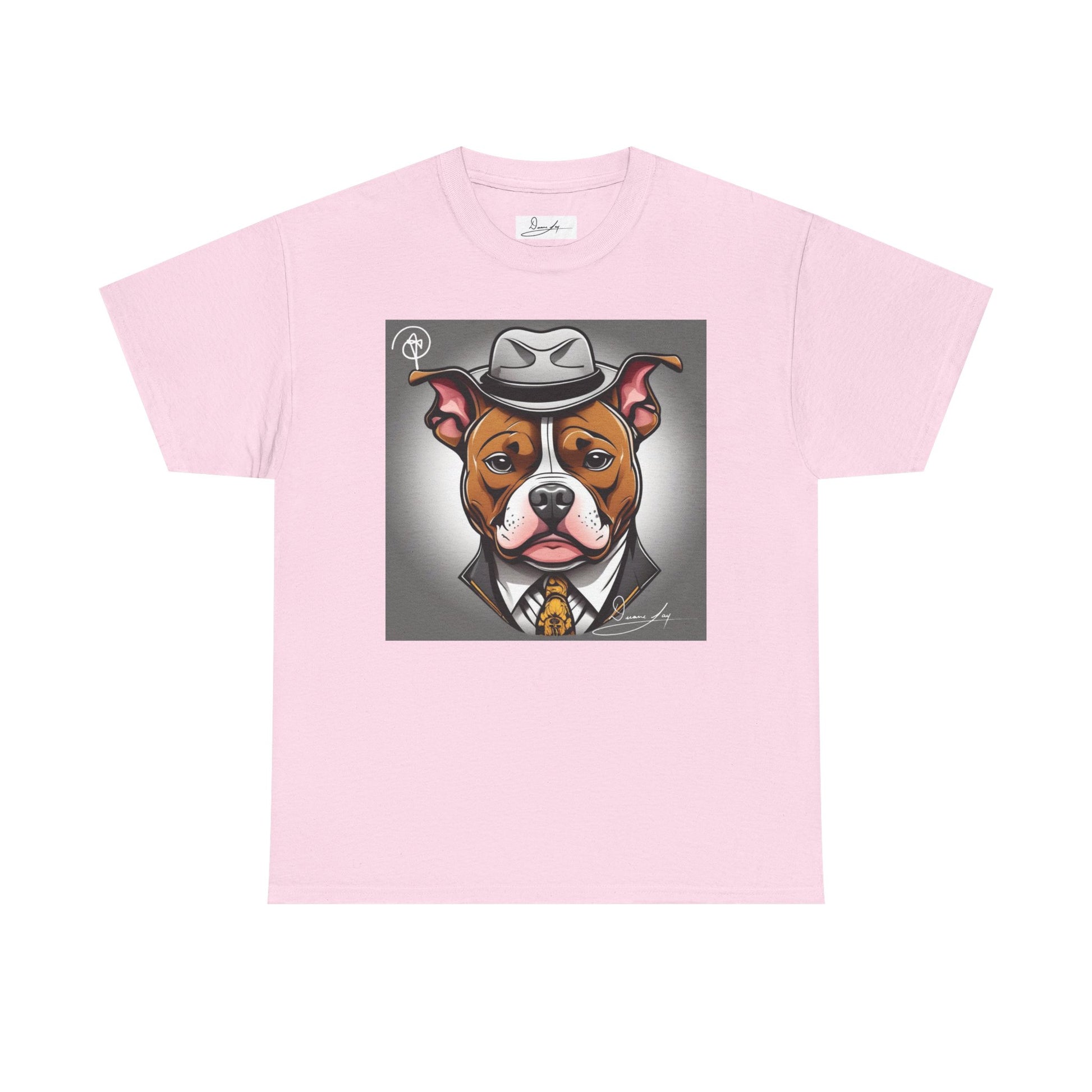 DuaneJay Gentleman Pitbull Tee — distinguished graphic tee featuring a dapper pitbull portrait blending elegance with bold streetwear energy for dog lovers with class and confidence