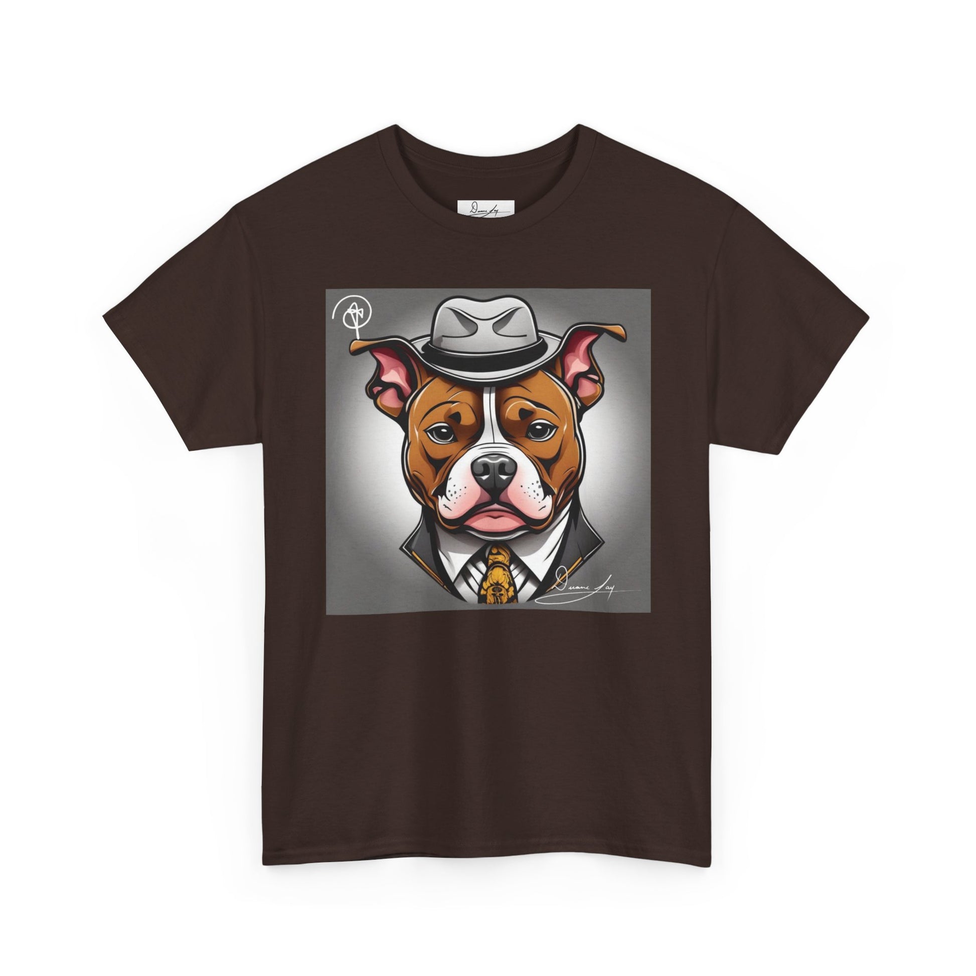 DuaneJay Gentleman Pitbull Tee — distinguished graphic tee featuring a dapper pitbull portrait blending elegance with bold streetwear energy for dog lovers with class and confidence