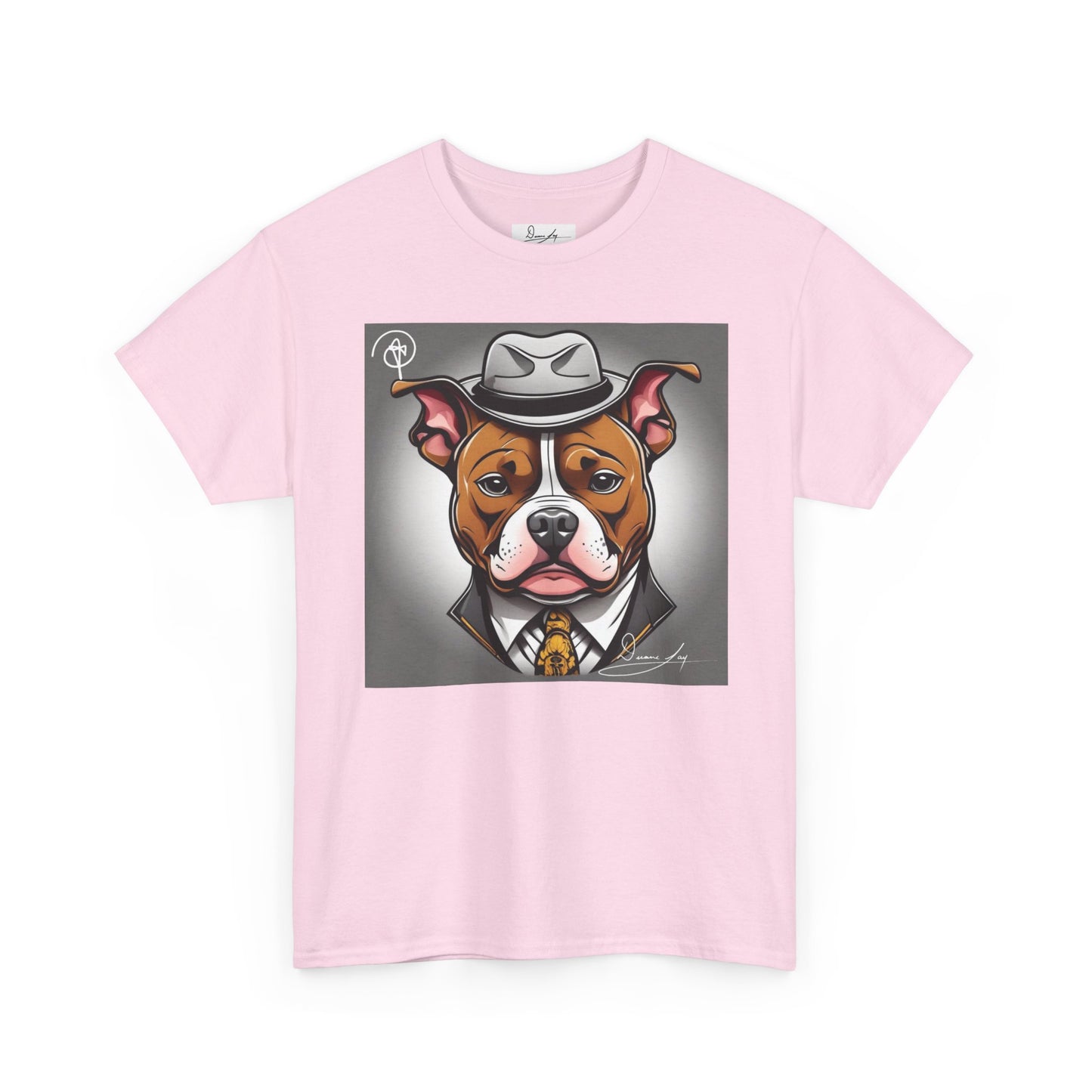 DuaneJay Gentleman Pitbull Tee — distinguished graphic tee featuring a dapper pitbull portrait blending elegance with bold streetwear energy for dog lovers with class and confidence