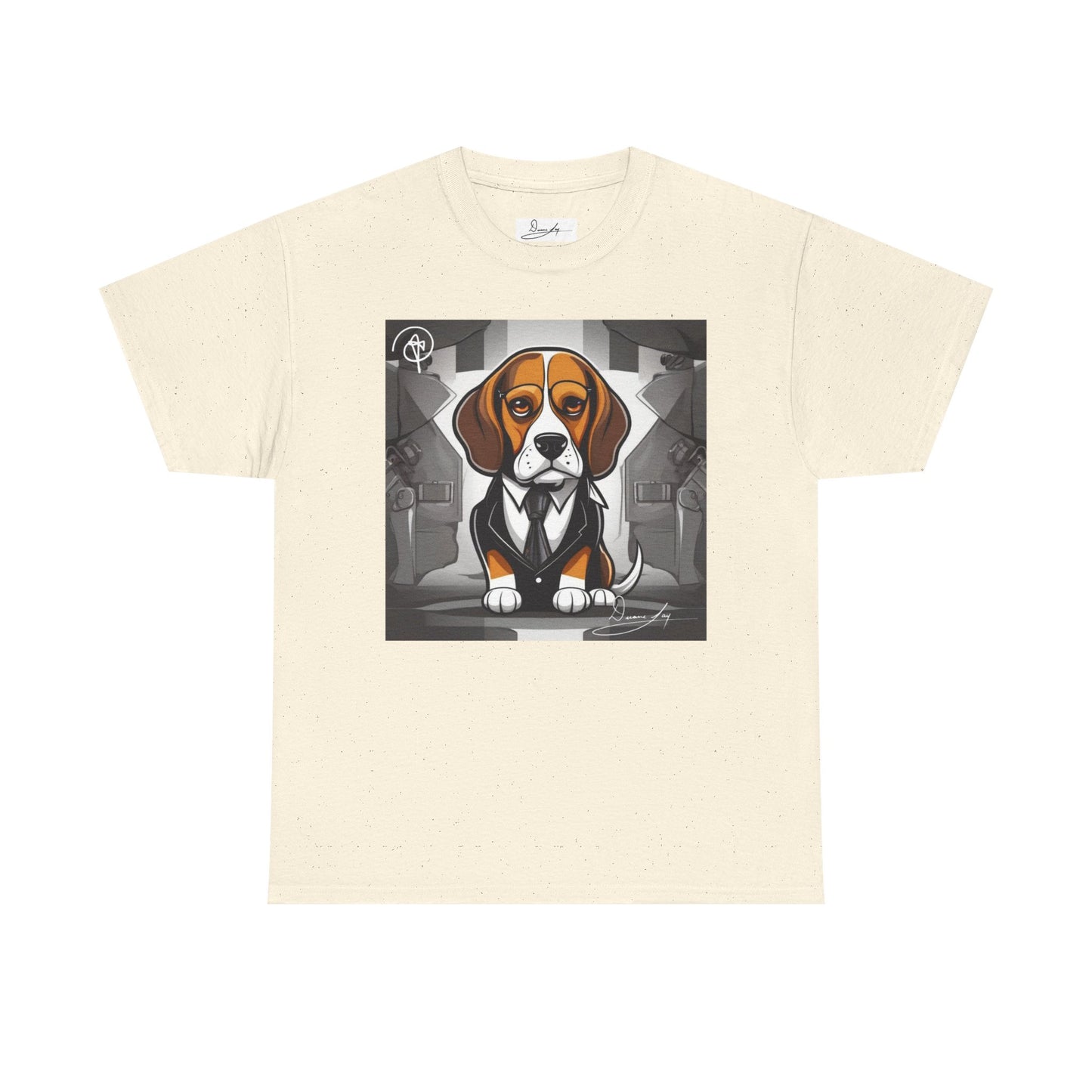 DuaneJay Beagle in a Suit T-Shirt — funny formal dog graphic tee featuring an adorable beagle dressed in a dapper suit, perfect for dog lovers who love bold streetwear style