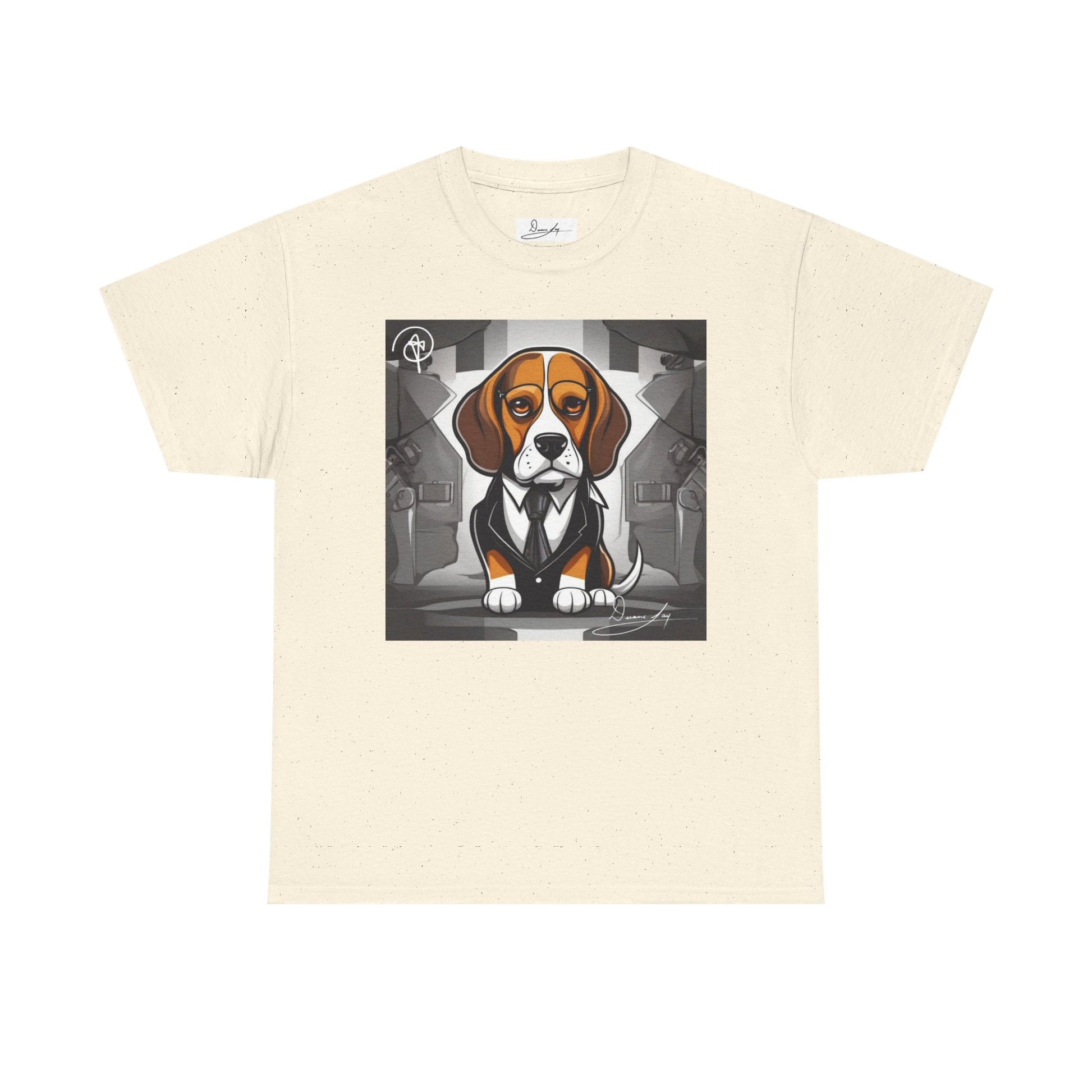 DuaneJay Beagle in a Suit T-Shirt — funny formal dog graphic tee featuring an adorable beagle dressed in a dapper suit, perfect for dog lovers who love bold streetwear style