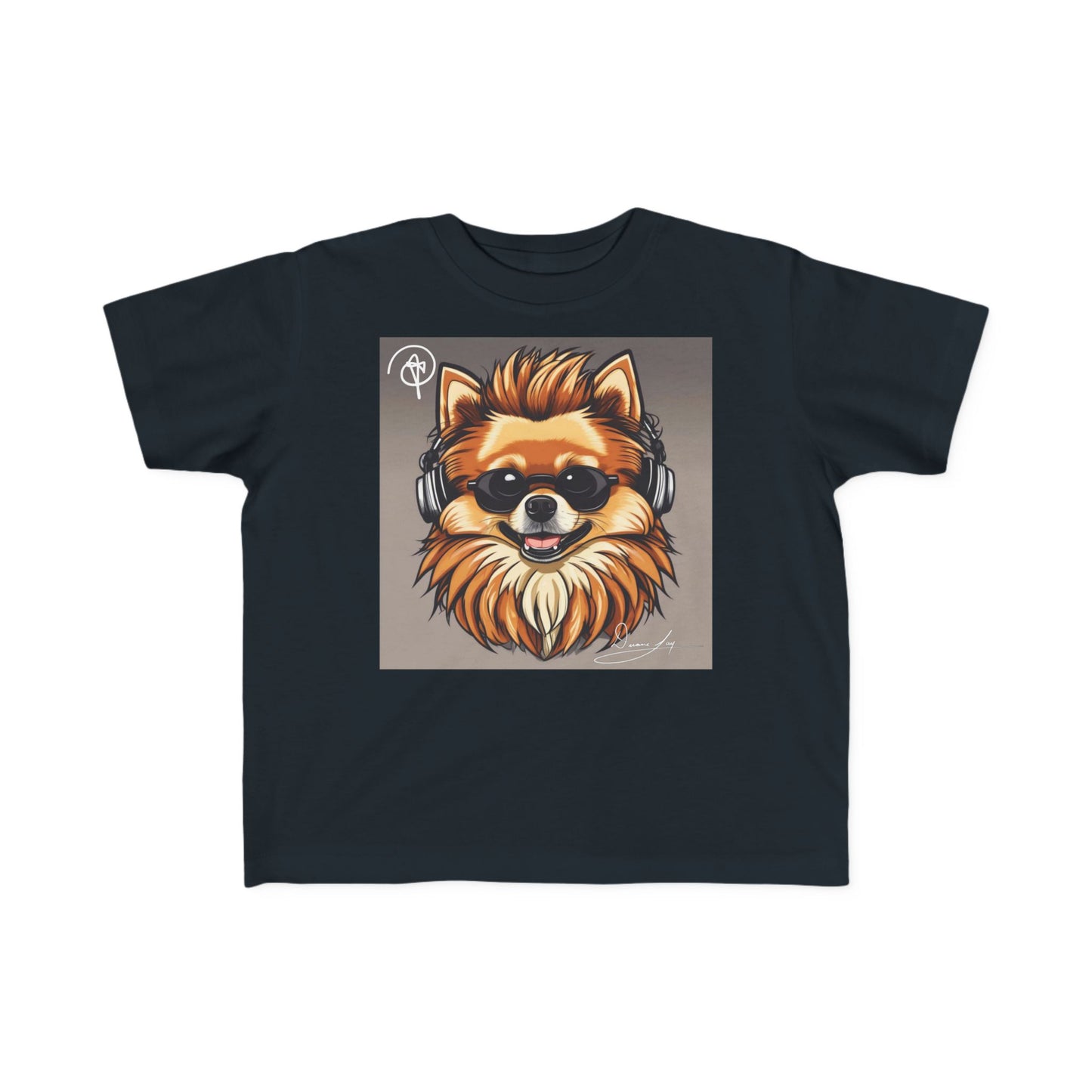 DuaneJay Cool Pomeranian Kids T-Shirt — fun kids graphic tee featuring an adorable Pomeranian rocking sunglasses and headphones, a bold and playful streetwear-inspired look for kids who carry the DuaneJay Fashion style with confidence