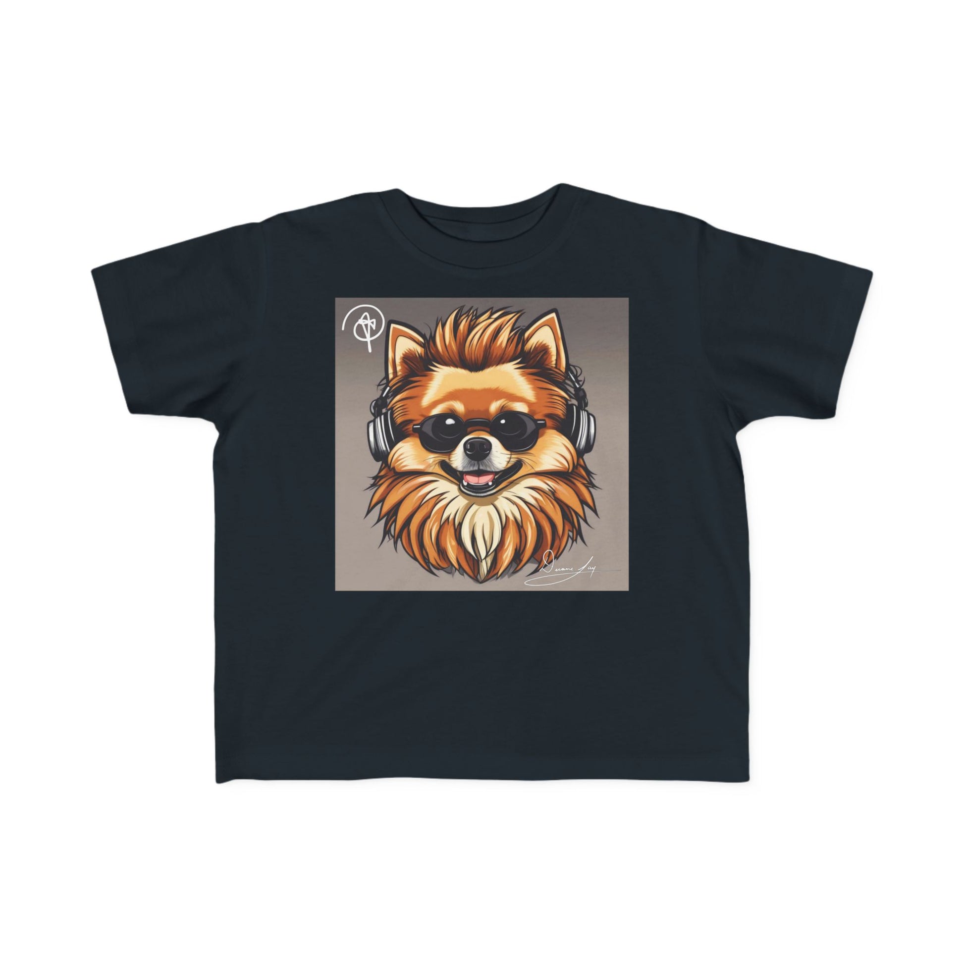 DuaneJay Cool Pomeranian Kids T-Shirt — fun kids graphic tee featuring an adorable Pomeranian rocking sunglasses and headphones, a bold and playful streetwear-inspired look for kids who carry the DuaneJay Fashion style with confidence