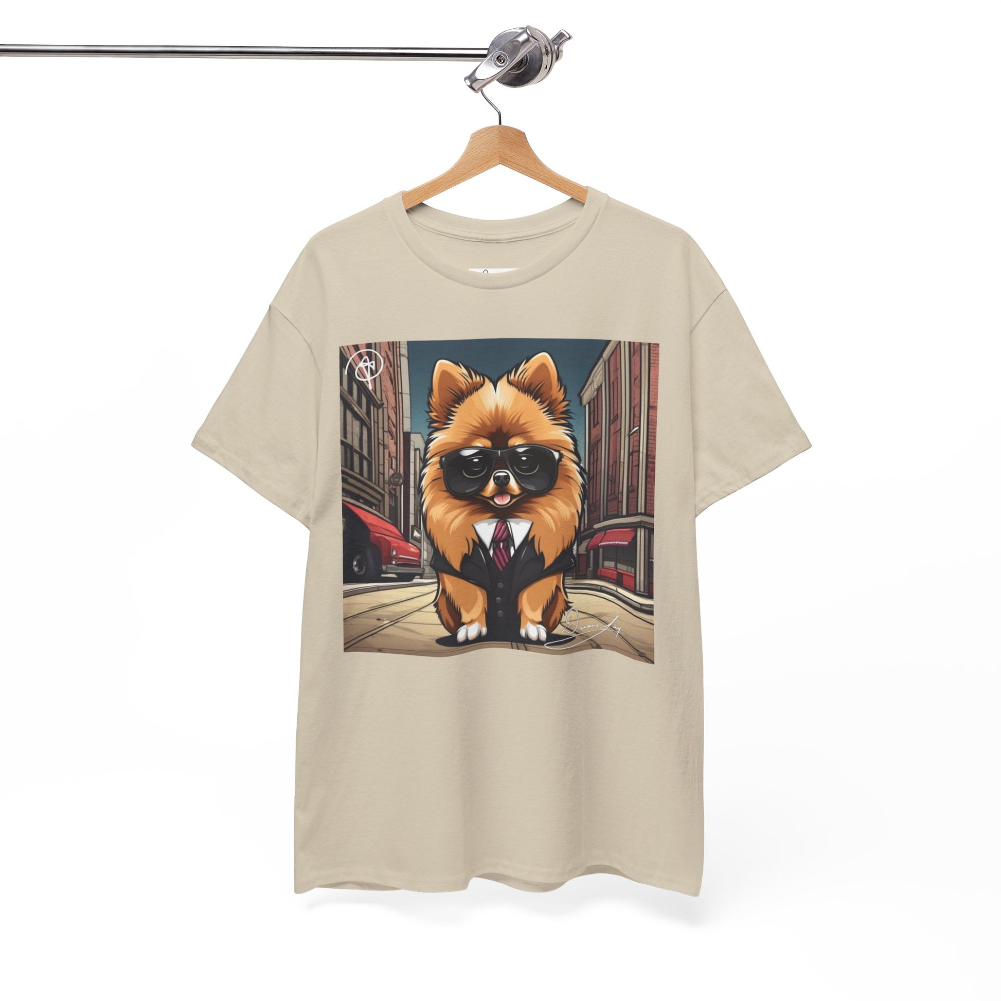 DuaneJay Pomeranian Business Dog T-Shirt — cute Pomeranian in suit graphic tee streetwear