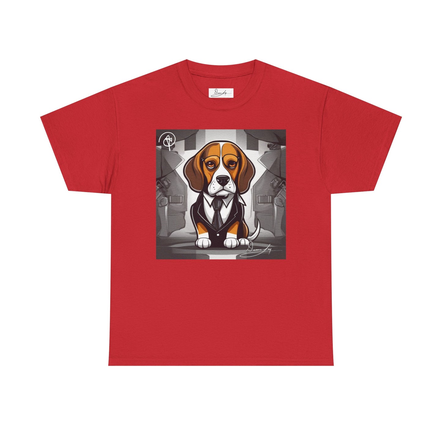 DuaneJay Beagle in a Suit T-Shirt — funny formal dog graphic tee featuring an adorable beagle dressed in a dapper suit, perfect for dog lovers who love bold streetwear style