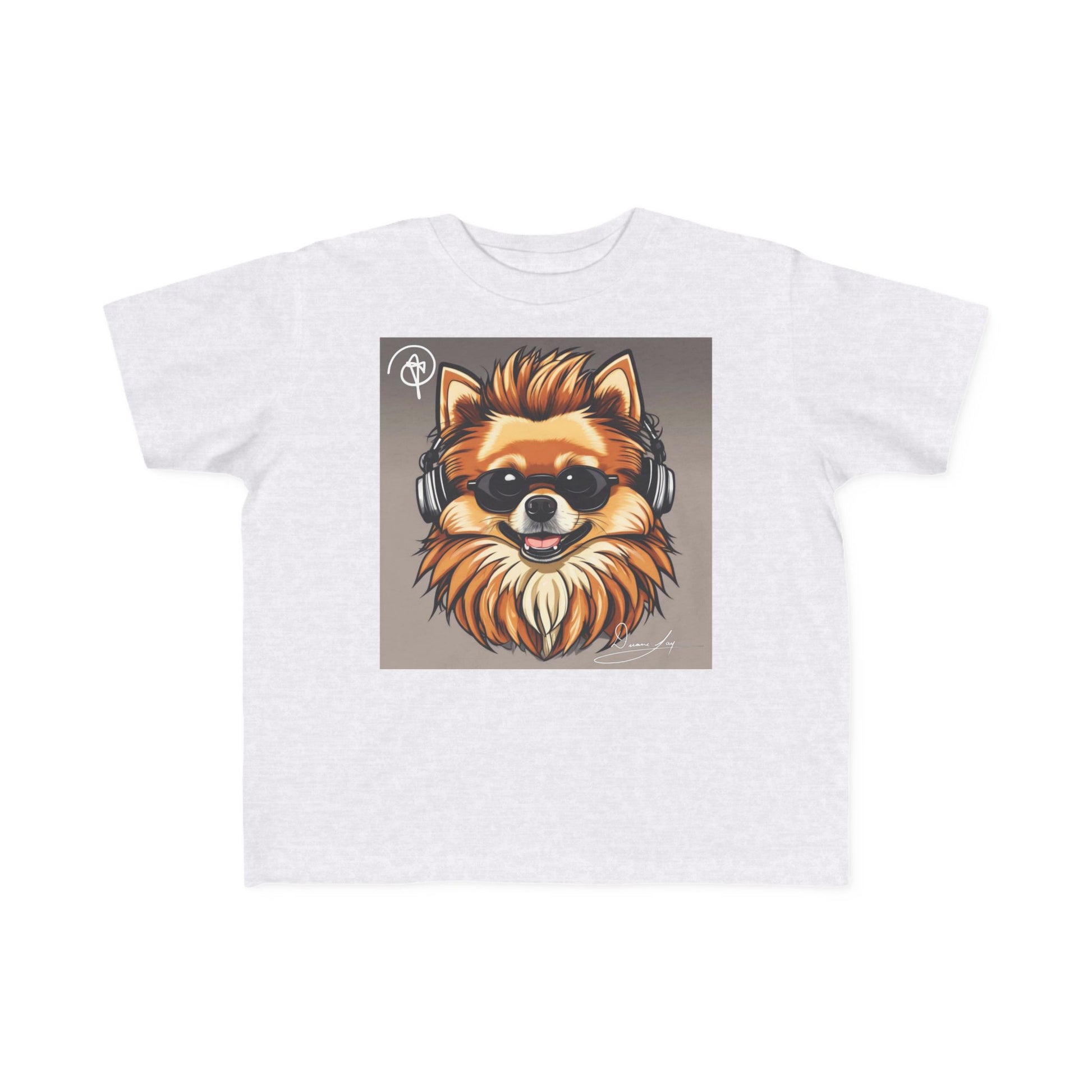 DuaneJay Cool Pomeranian Kids T-Shirt — fun kids graphic tee featuring an adorable Pomeranian rocking sunglasses and headphones, a bold and playful streetwear-inspired look for kids who carry the DuaneJay Fashion style with confidence
