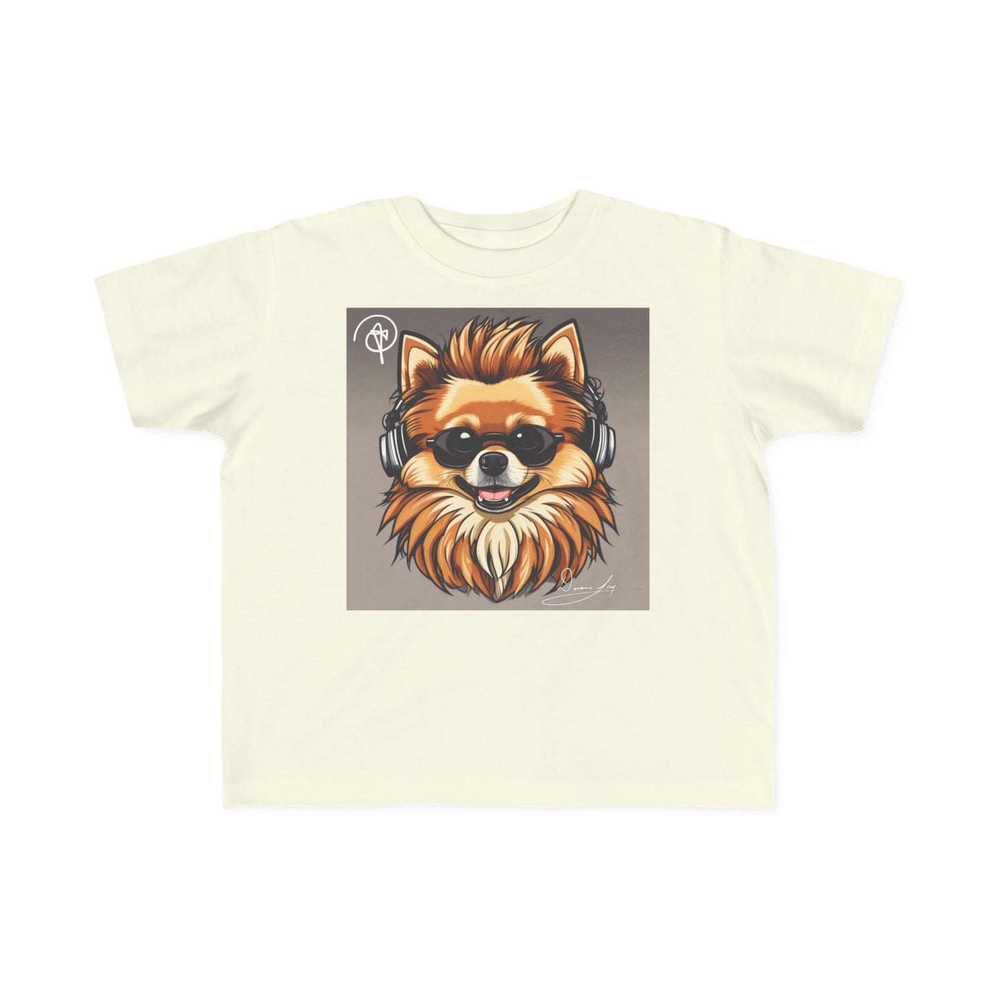 DuaneJay Cool Pomeranian Kids T-Shirt — fun kids graphic tee featuring an adorable Pomeranian rocking sunglasses and headphones, a bold and playful streetwear-inspired look for kids who carry the DuaneJay Fashion style with confidence