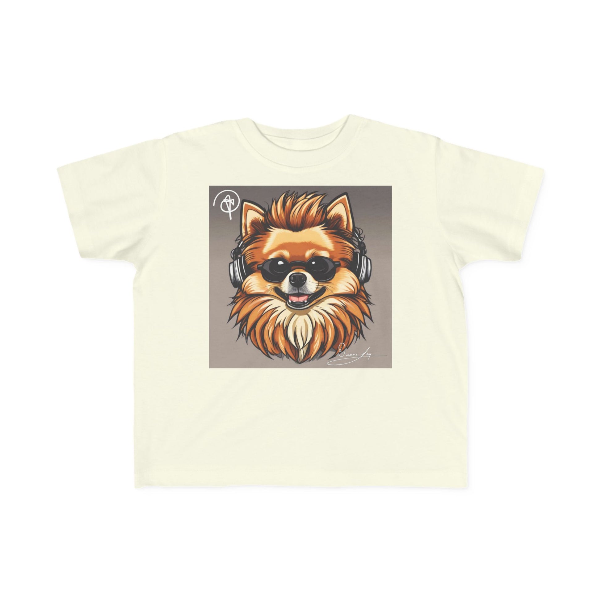 DuaneJay Cool Pomeranian Kids T-Shirt — fun kids graphic tee featuring an adorable Pomeranian rocking sunglasses and headphones, a bold and playful streetwear-inspired look for kids who carry the DuaneJay Fashion style with confidence