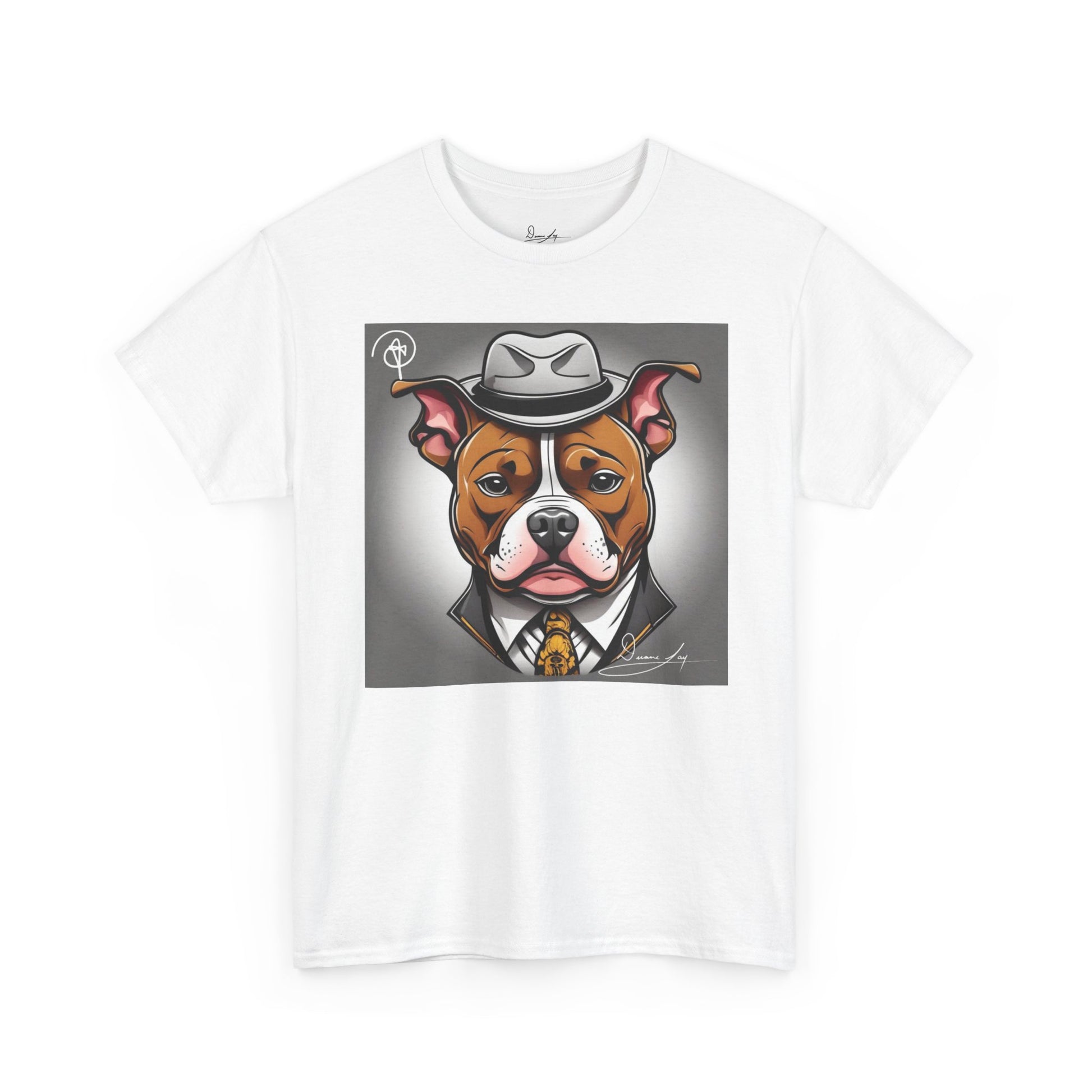 DuaneJay Gentleman Pitbull Tee — distinguished graphic tee featuring a dapper pitbull portrait blending elegance with bold streetwear energy for dog lovers with class and confidence