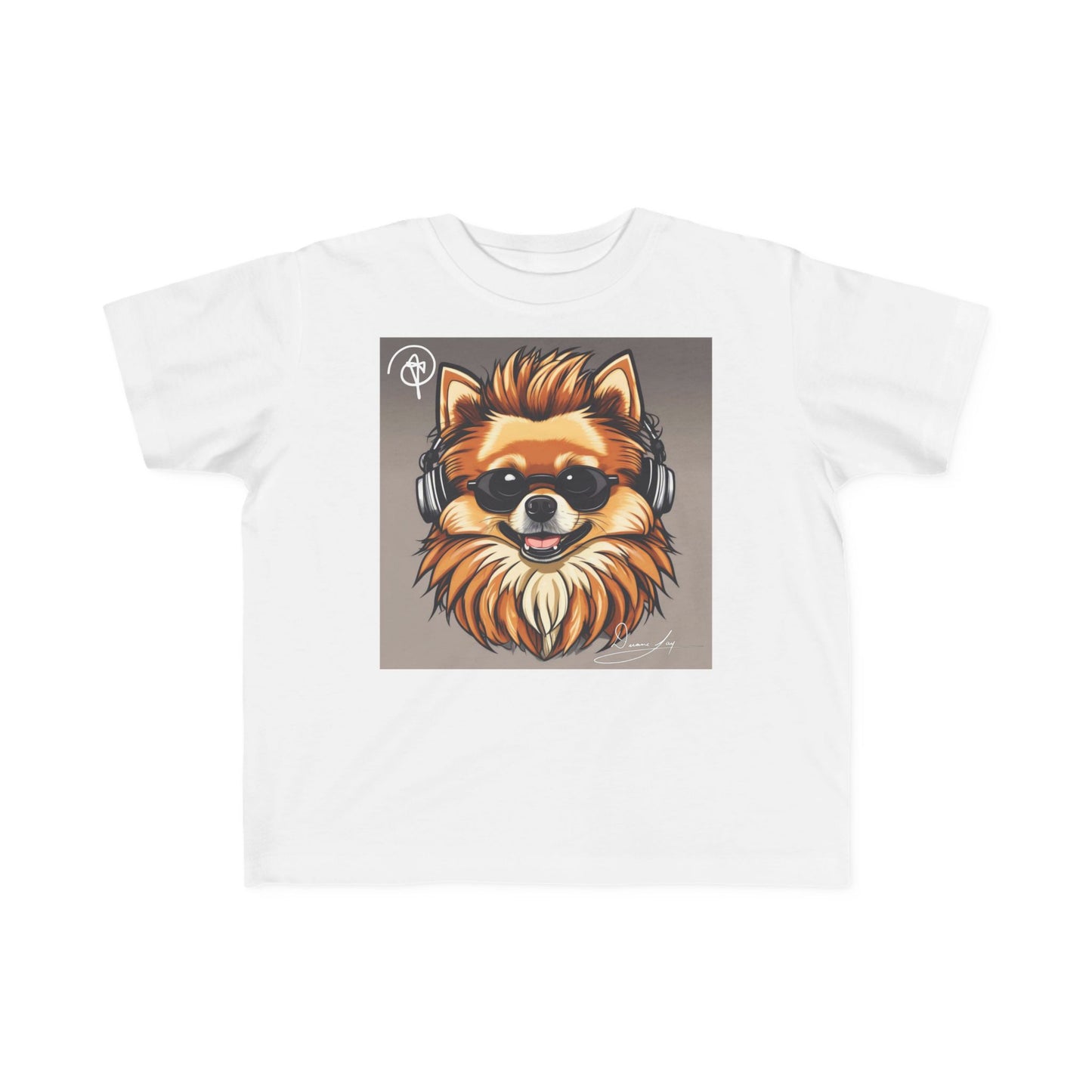DuaneJay Cool Pomeranian Kids T-Shirt — fun kids graphic tee featuring an adorable Pomeranian rocking sunglasses and headphones, a bold and playful streetwear-inspired look for kids who carry the DuaneJay Fashion style with confidence